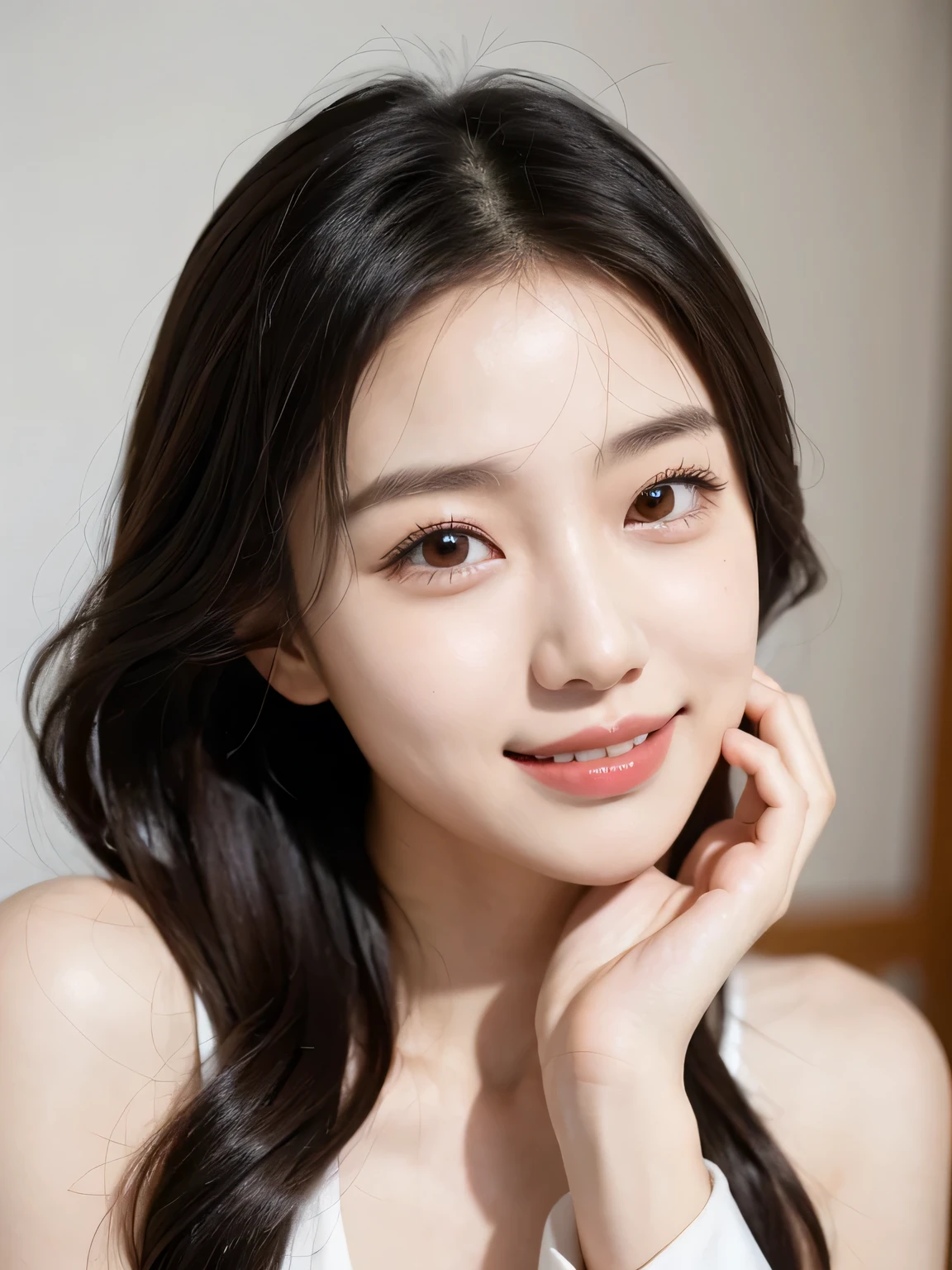 face close-up,toothy smile,真实秀气性感的South Korea美女,face close-up,Beautifully, Realistic and realistic facial expressions,South Korea,20 year old girl,long hair,delicate face,South Korea美女,Gorgeous,