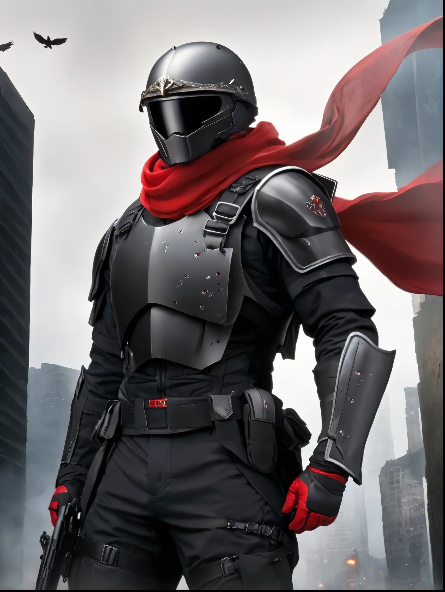 an adult male,Black Full Face Helmet,black bodyarmor,A battered red scarf is fluttering,heroism,hero,a city area,a cool pose,photorealistic,Equipped with a holster at the waist,Equipped with a silver syringe at the waist,have small scratches and stains all over one's body,the streets, a ruined city