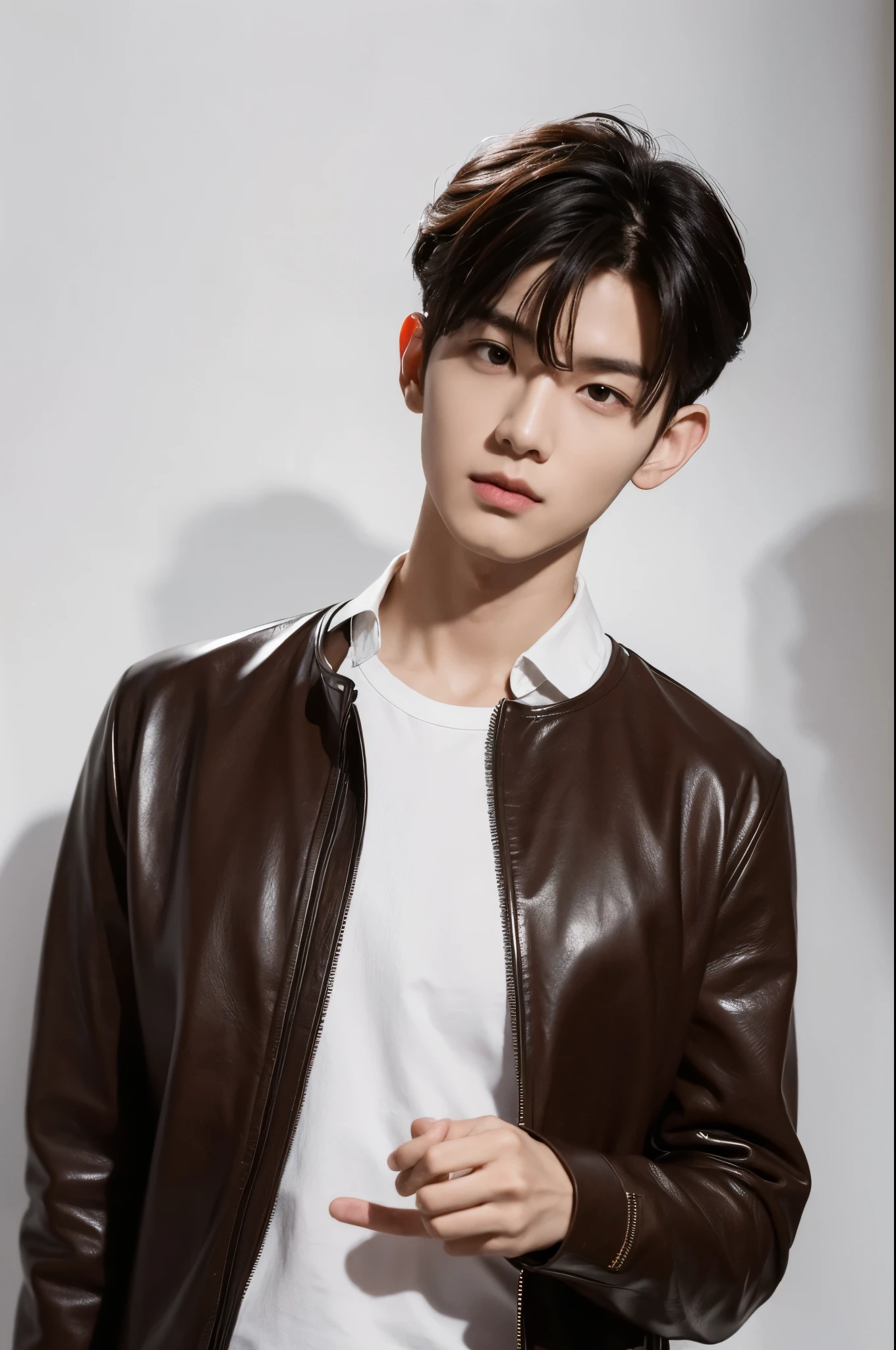 male,white background,elegant,(highest quality,High resolution),(realistic,photorealistic),Professional,sharp focus,Bright colors,studio lighting,sophisticated look,confident attitude,hand gestures,serious expression,male性的な特徴,sophisticated details,subtle shadow, detailed face, 8k, trendy clothes,leather, brown eyes, trendy clothes,trendy hairstyle,korean idol,