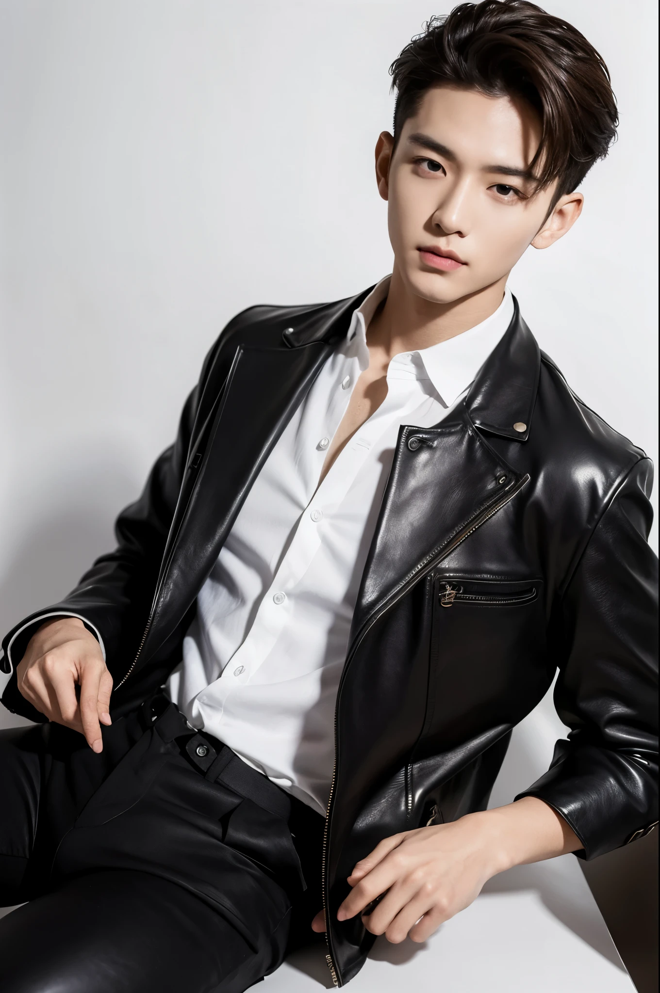 male,white background,elegant,(highest quality,High resolution),(realistic,photorealistic),Professional,sharp focus,Bright colors,studio lighting,sophisticated look,confident attitude,hand gestures,serious expression,male性的な特徴,sophisticated details,subtle shadow, detailed face, 8k, trendy clothes,leather, brown eyes, trendy clothes,long hair,korean idol,