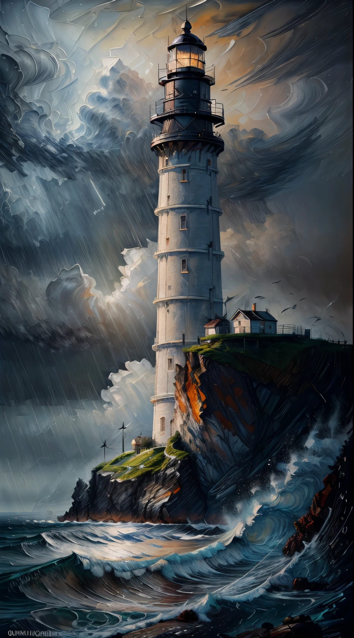 An ultra-detailed oil painting of a lighthouse surrounded by raging waves and stormy skies. (dramatic:1.4), (hyper-realistic), (highly detailed:1.5), (intricate details:1.2), (palette knife:1.2), (by Greg Manchess), (HDR:1.3), (intense:1.1), (cinematic lighting:1.3), (trending on CGsociety), (surreal:1.2), (high contrast:1.3), (oil painting texture:1.5), (dramatic shadows:1.2)