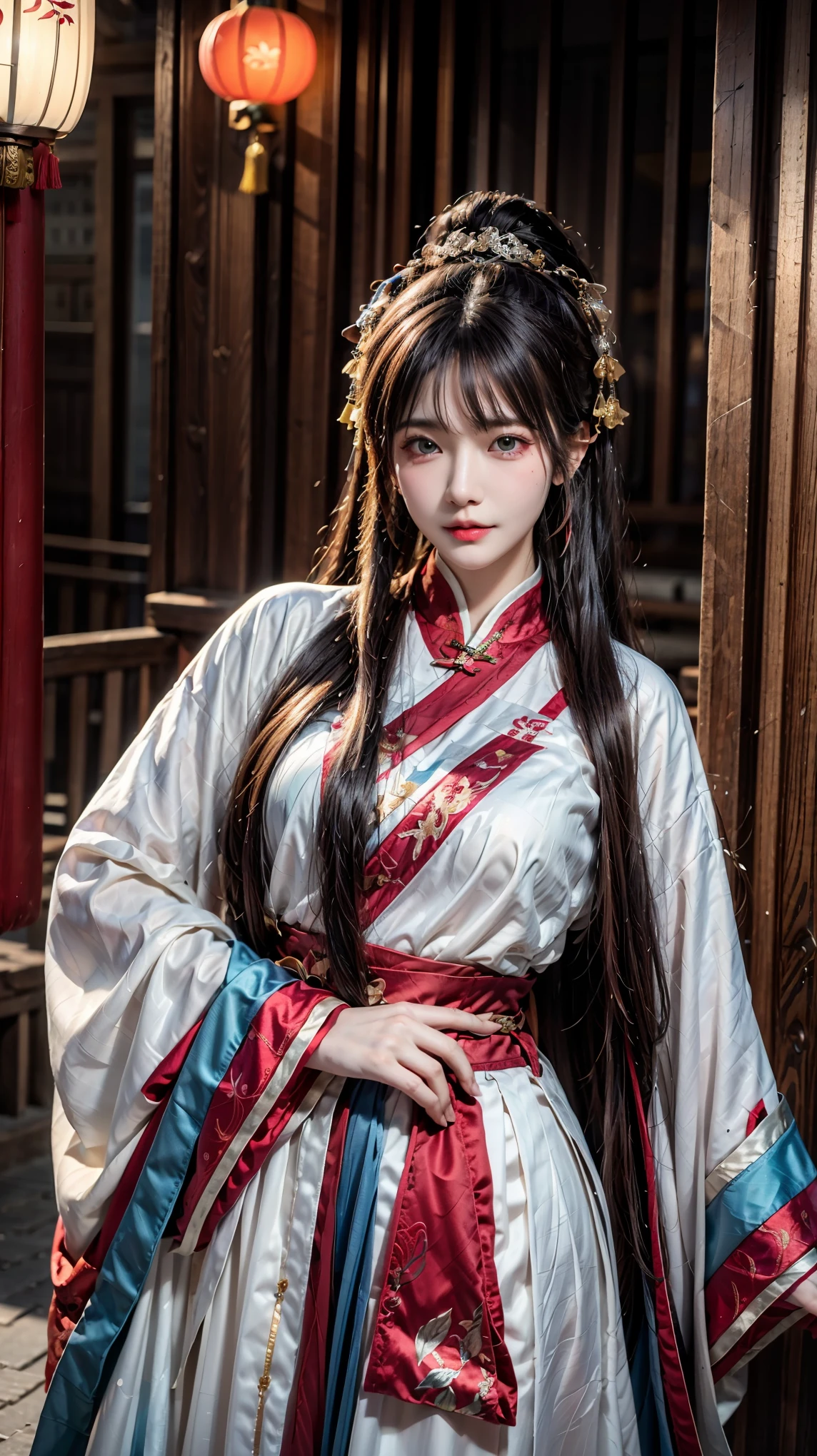 8k, best quality, (photorealistic:1.4), raw photo, 1girl, blue hair, dragon horn, china new year hanfu,new year background