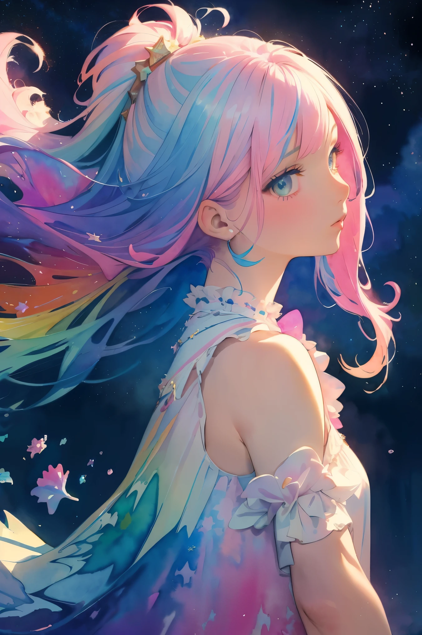 (masterpiece, top quality, best quality,watercolor (medium),official art, beautiful and aesthetic:1.2),(1girl:1.3), (fractal art:1.3),upper body, from side, looking at viewer,patterns,(rainbow color Hair,colorful hair,half blue and half pink hair:1.2),water,liquid, cloud,colorful, starry,stars,