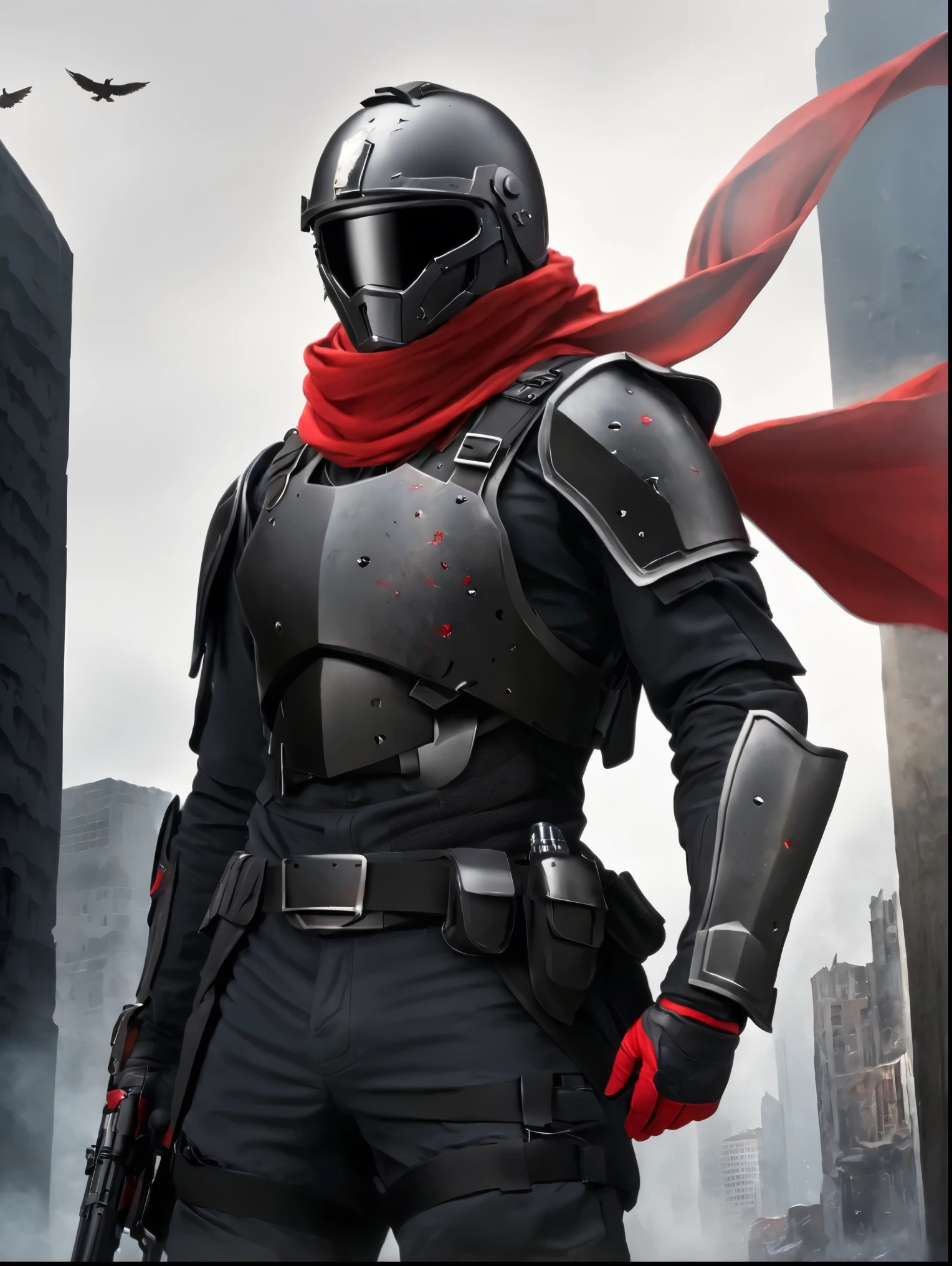 an adult male,Black Full Face Helmet,black bodyarmor,A battered red scarf is fluttering,heroism,hero,a city area,a cool pose,photorealistic,Equipped with a holster at the waist,Equipped with a silver syringe at the waist,have small scratches and stains all over one's body,the streets, a ruined city