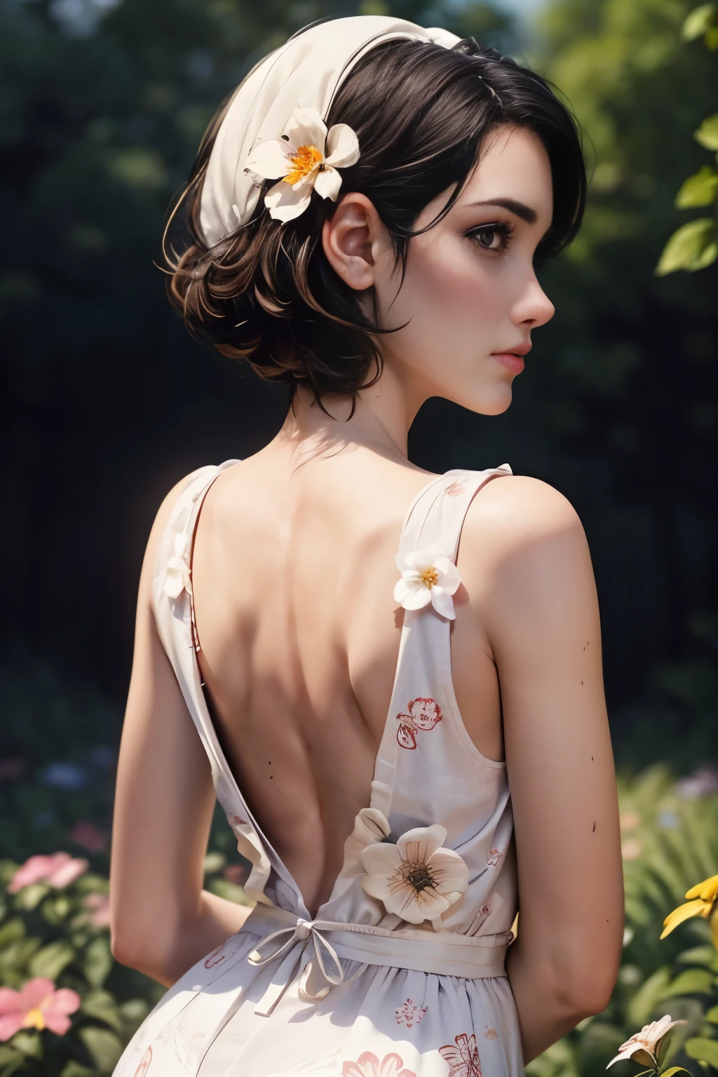 photo of Winona Ryder, RAW, beautiful woman, ((portrait)), ((detailed face:1.2)), ((detailed facial feature, detailed skin, clear skin), (perfect proportioned body), ((wearing a light colored dress. A white sundress, floral pattern sundress: 1.5)), (high detailed garden environment, her back to us, backview, Turn Back, Back shot: 1.3), (realistic photo, best quality, detailed), (8k wallpaper), (cinematic lighting, dramatic lighting) (sharp focus, intricate)