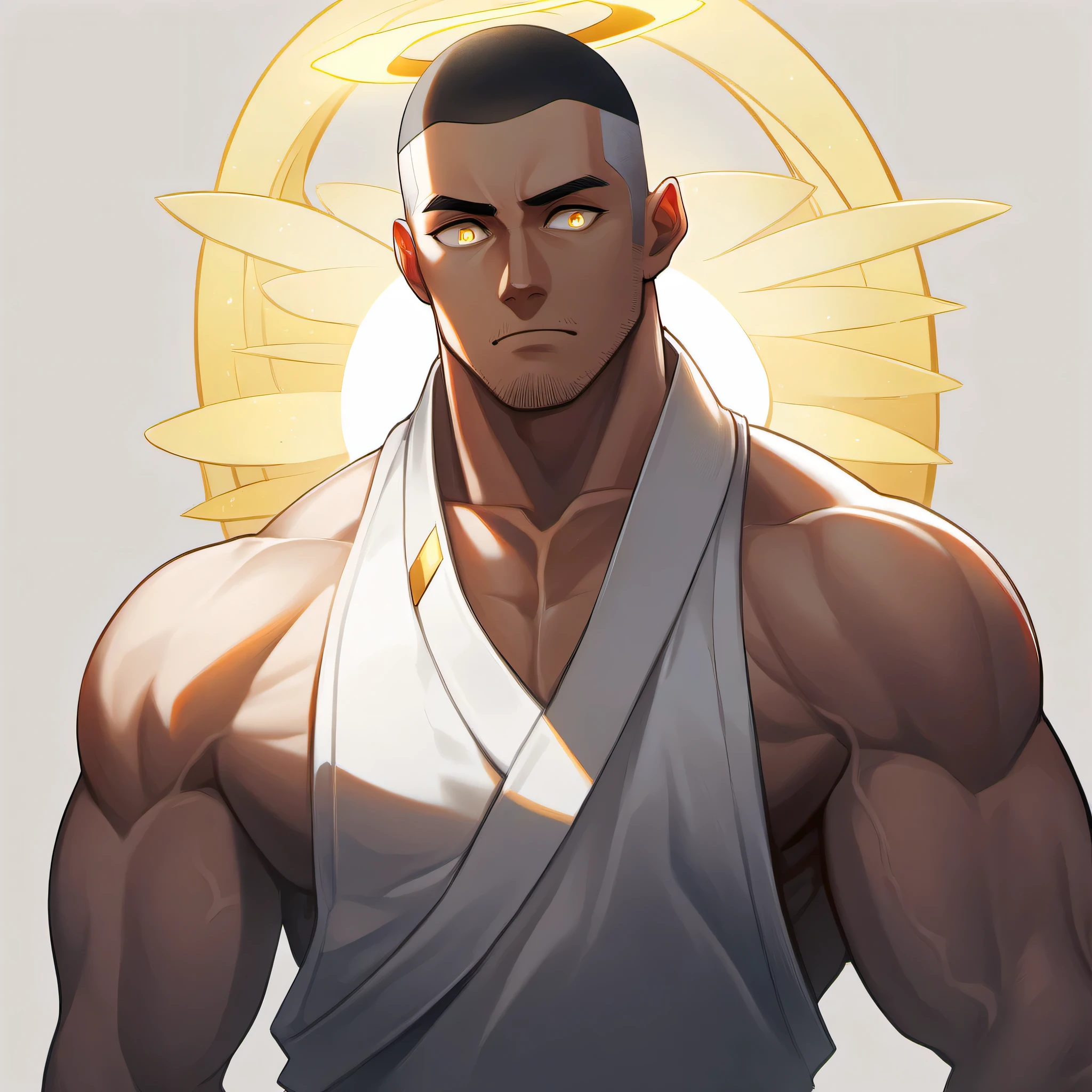 1 muscular monk, male focus, White compression pantyhose, white hair,muscular male, muscular, only, Upper body, alone, white short hair, stubble, black hair, yellow eyes, White background, simple background, amazing quality, best aesthetics, Ridiculous, bright pupils, buzz clip, There is a dazzling halo behind the head, halo, sigh, best quality