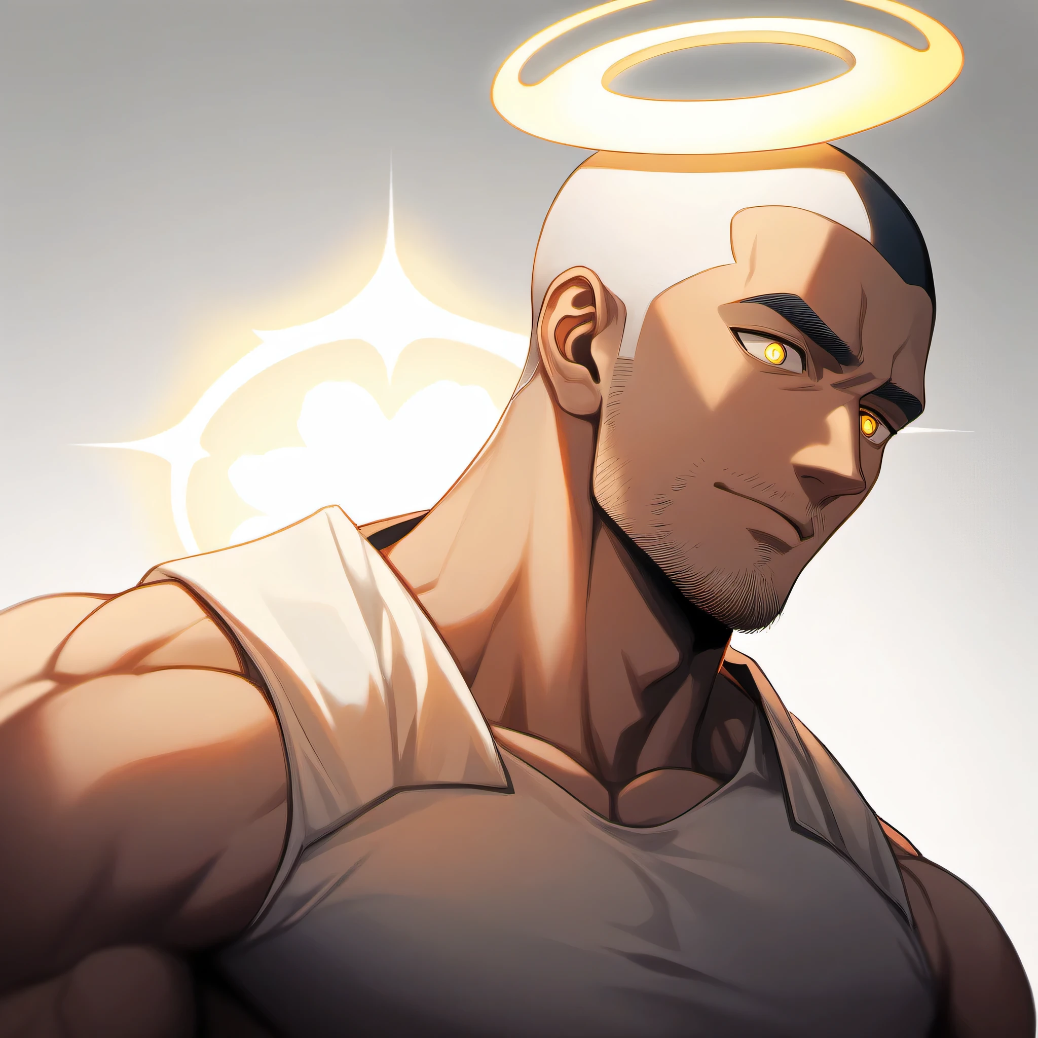 1 muscular monk, male focus, White compression pantyhose, white hair，muscular male, muscular, only, Upper body, alone, white short hair, stubble, black hair, yellow eyes, White background, simple background, amazing quality, best aesthetics, Ridiculous, bright pupils, buzz clip, There is a dazzling halo behind the head, halo, sigh, best quality