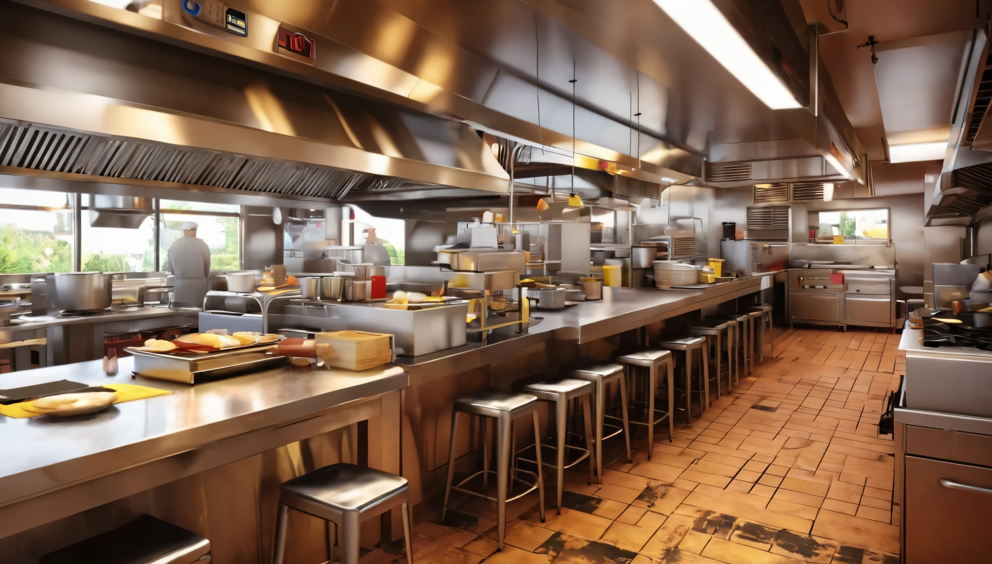 busy restaurant kitchen ,realistic,ultra,realistic,photorealistic