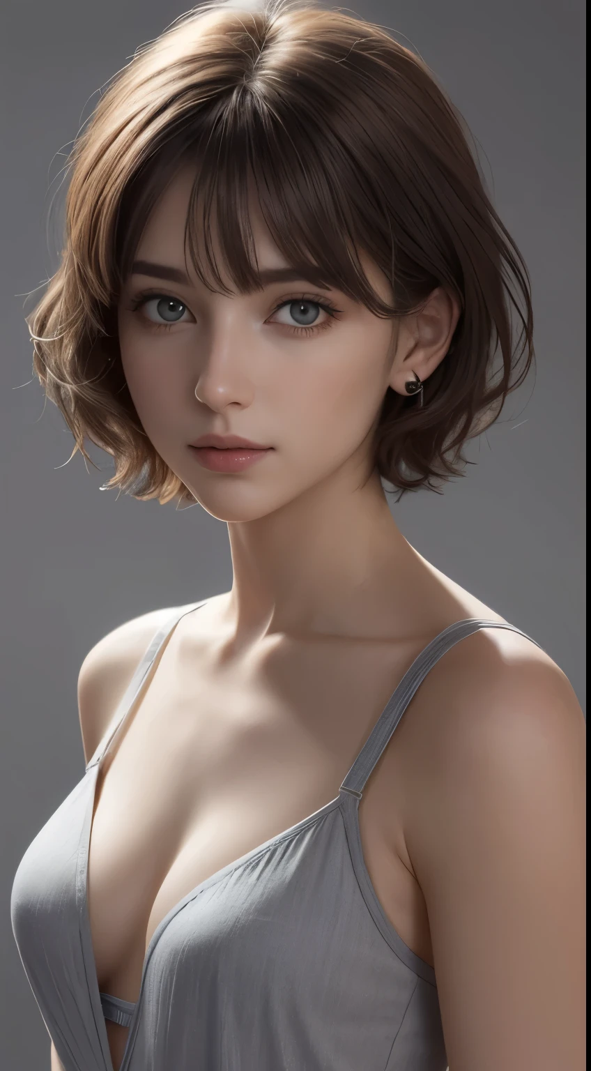 (photograph:1.2)、(photorealistic:1.3)、(masterpiece:1.3)、(Highest image quality:1.4)、ultra high resolution、(detailed eyes)、(detailed facial features)、(Detailed garment features)、8K resolution、solo focus、30 year old mature woman、small face、no makeup、Detailed beautiful eyes、bangs、dark brown hair、short cut hair、(realistic skin)、beautiful skin、charming、ultra high resolution、Super realistic、High definition、Camisa branca aberta,middlebre、small breasts、bust B cup、small breasts、cool beauty、Gray background、cinematic lighting、perfect、soft light、High resolution skin:1.2、realistic skin texture、25 years old mature woman、small face、no makeup、Bust B Cup、Detailed beautiful brown eyes、short hair、dark brown hair、Cool beauty、gray background