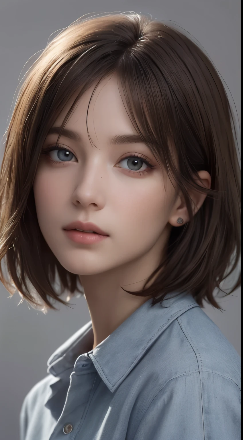 (photograph:1.2)、(photorealistic:1.3)、(masterpiece:1.3)、(Highest image quality:1.4)、ultra high resolution、(detailed eyes)、(detailed facial features)、(Detailed garment features)、8K resolution、solo focus、30 year old mature woman、small face、no makeup、Detailed beautiful eyes、bangs、dark brown hair、short cut hair、(realistic skin)、beautiful skin、charming、ultra high resolution、Super realistic、High definition、Camisa branca aberta,middlebre、small breasts、bust B cup、small breasts、cool beauty、Gray background、cinematic lighting、perfect、soft light、High resolution skin:1.2、realistic skin texture、25 years old mature woman、small face、no makeup、Bust B Cup、Detailed beautiful brown eyes、short hair、dark brown hair、Cool beauty、gray background