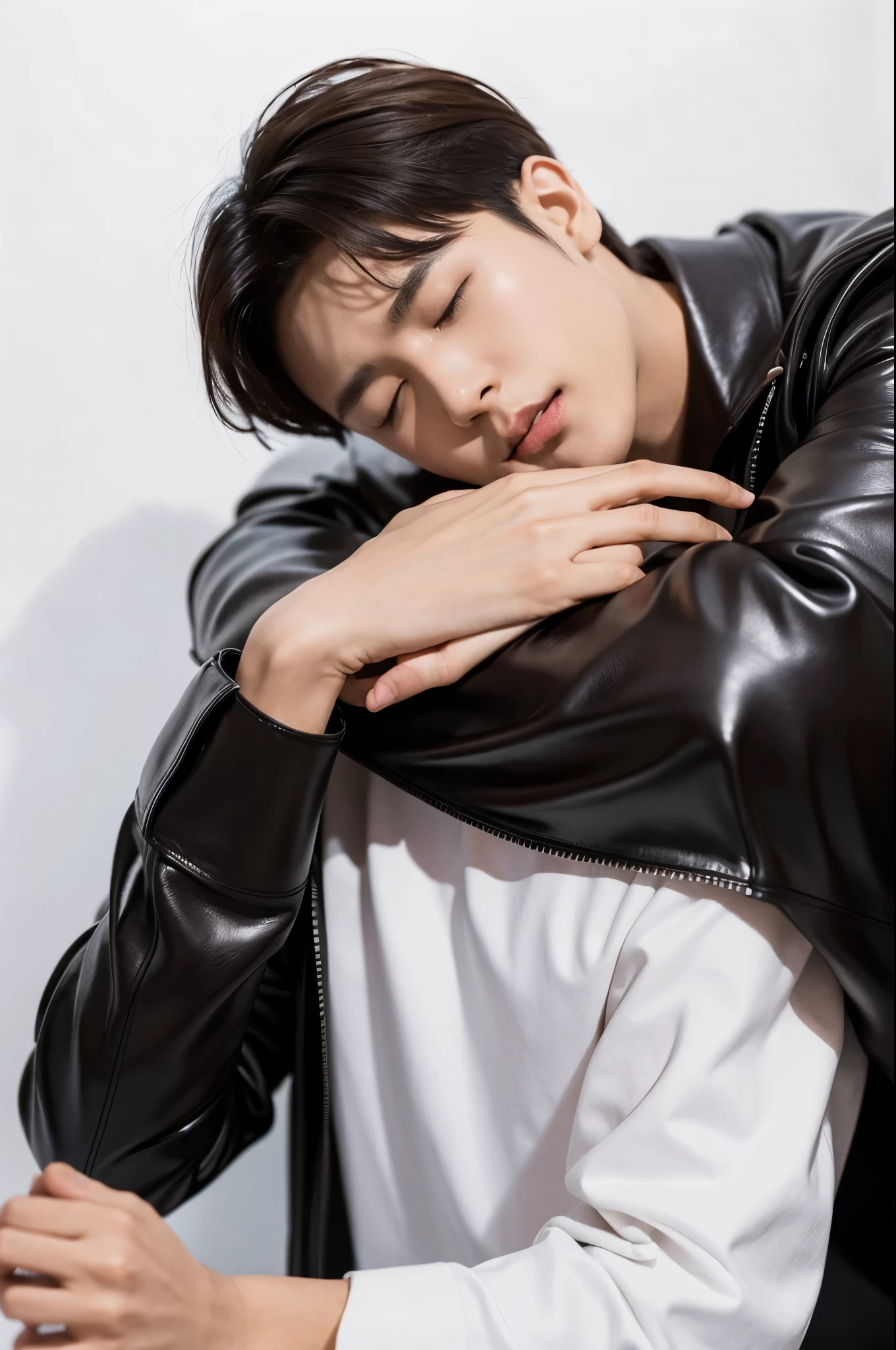 male,white background,elegant,(highest quality,High resolution),(realistic,photorealistic),Professional,sharp focus,Bright colors,studio lighting,sophisticated look,confident attitude,serious expression,male性的な特徴,sophisticated details,subtle shadow, detailed face, 8k, trendy clothes,leather, brown eyes, trendy clothes,korean idol,Close your eyes completely,close your mouth,sleep,