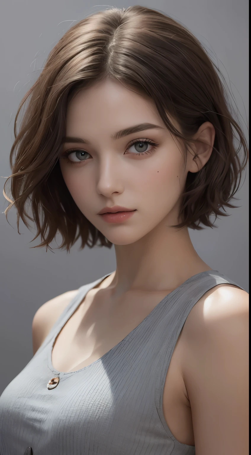 (photograph:1.2)、(photorealistic:1.3)、(masterpiece:1.3)、(Highest image quality:1.4)、ultra high resolution、(detailed eyes)、(detailed facial features)、(Detailed garment features)、8K resolution、solo focus、26 year old mature woman、small face、no makeup、Detailed beautiful eyes、bangs、dark brown hair、short cut hair、(realistic skin)、beautiful skin、charming、ultra high resolution、Super realistic、High definition、Camisa branca aberta,middlebre、small breasts、bust B cup、small breasts、cool beauty、Gray background、cinematic lighting、perfect、soft light、High resolution skin:1.2、realistic skin texture、26 years old mature woman、small face、no makeup、Bust B Cup、Detailed beautiful brown eyes、short hair、dark brown hair、Cool beauty、gray background