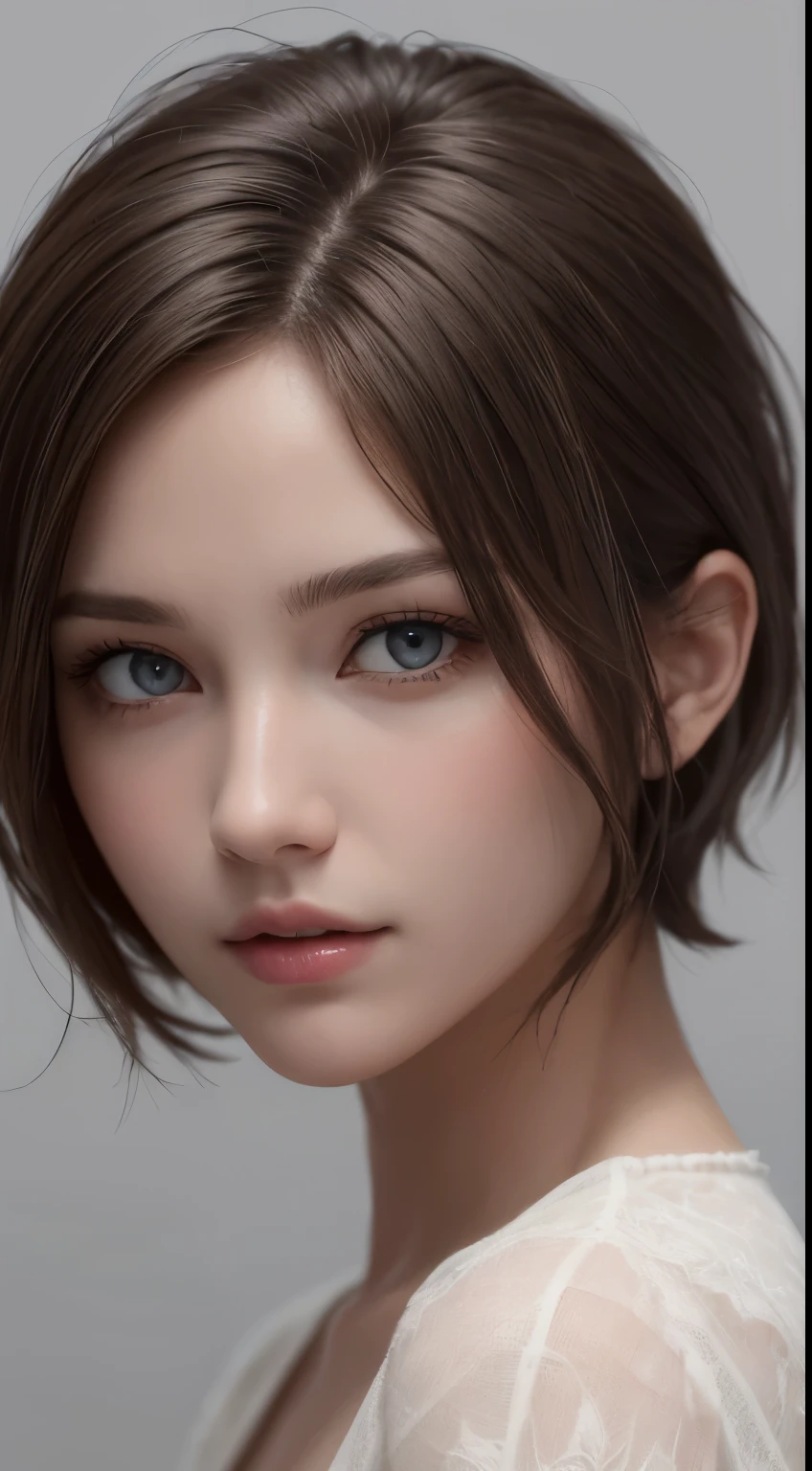 (photograph:1.2)、(photorealistic:1.3)、(masterpiece:1.3)、(Highest image quality:1.4)、ultra high resolution、(detailed eyes)、(detailed facial features)、(Detailed garment features)、8K resolution、solo focus、26 year old mature woman、small face、no makeup、Detailed beautiful eyes、bangs、dark brown hair、short cut hair、(realistic skin)、beautiful skin、charming、ultra high resolution、Super realistic、High definition、Camisa branca aberta,middlebre、small breasts、bust B cup、small breasts、cool beauty、Gray background、cinematic lighting、perfect、soft light、High resolution skin:1.2、realistic skin texture、26 years old mature woman、small face、no makeup、Bust B Cup、Detailed beautiful brown eyes、short hair、dark brown hair、Cool beauty、gray background