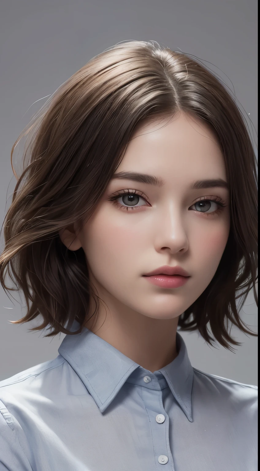(photograph:1.2)、(photorealistic:1.3)、(masterpiece:1.3)、(Highest image quality:1.4)、ultra high resolution、(detailed eyes)、(detailed facial features)、(Detailed garment features)、8K resolution、solo focus、26 year old mature woman、small face、no makeup、Detailed beautiful eyes、bangs、dark brown hair、short cut hair、(realistic skin)、beautiful skin、charming、ultra high resolution、Super realistic、High definition、Camisa branca aberta,middlebre、small breasts、bust B cup、small breasts、cool beauty、Gray background、cinematic lighting、perfect、soft light、High resolution skin:1.2、realistic skin texture、26 years old mature woman、small face、no makeup、Bust B Cup、Detailed beautiful brown eyes、short hair、dark brown hair、Cool beauty、gray background