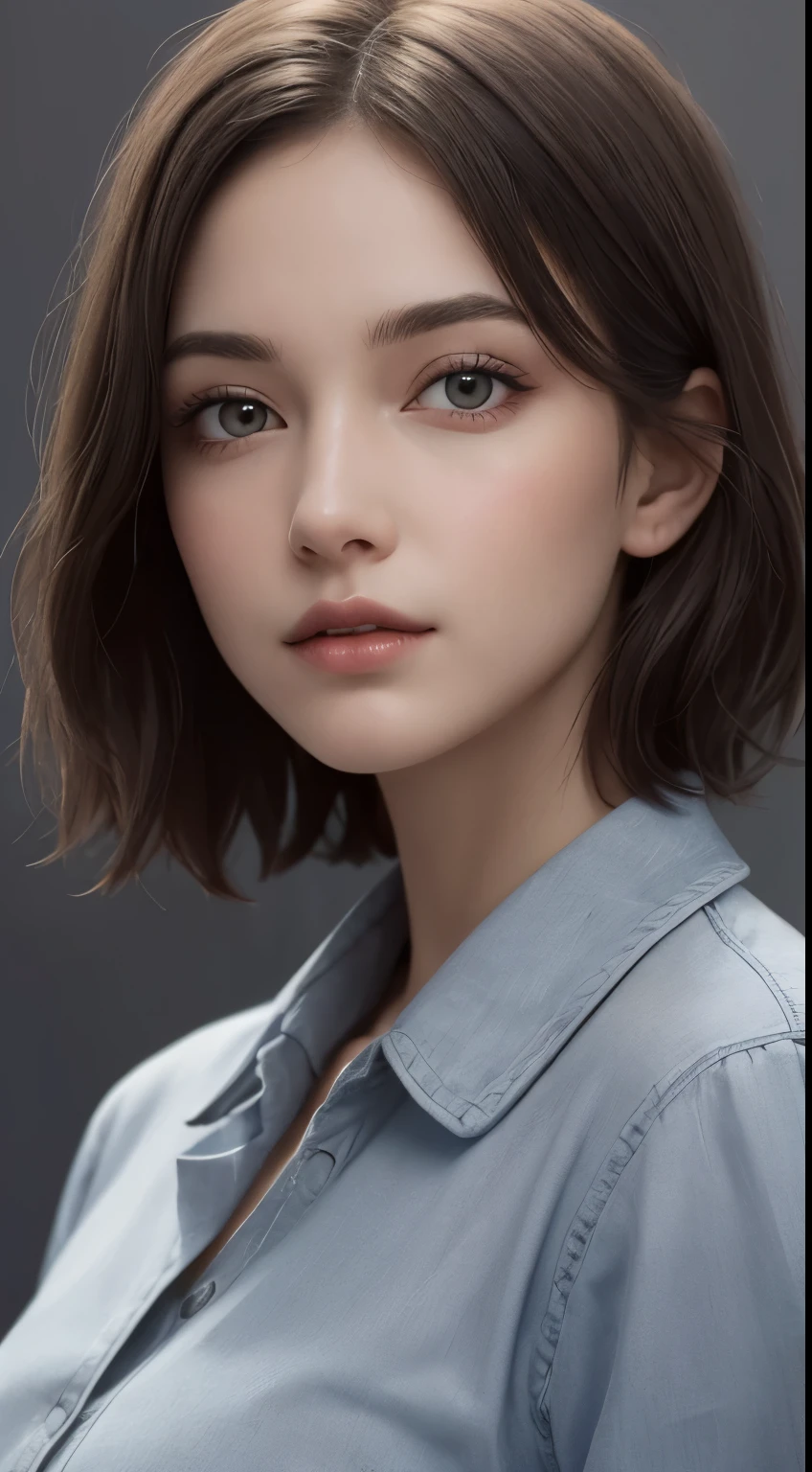 (photograph:1.2)、(photorealistic:1.3)、(masterpiece:1.3)、(Highest image quality:1.4)、ultra high resolution、(detailed eyes)、(detailed facial features)、(Detailed garment features)、8K resolution、solo focus、26 year old mature woman、small face、no makeup、Detailed leal beautiful eyes、bangs、dark brown hair、short cut hair、(realistic skin)、beautiful skin、charming、ultra high resolution、Super realistic、High definition、Camisa branca aberta,middlebre、small breasts、bust B cup、small breasts、cool beauty、Gray background、cinematic lighting、perfect、soft light、High resolution skin:1.2、realistic skin texture、26 years old mature woman、small face、no makeup、Bust B Cup、Detailed beautiful brown eyes、short hair、dark brown hair、Cool beauty、gray background
