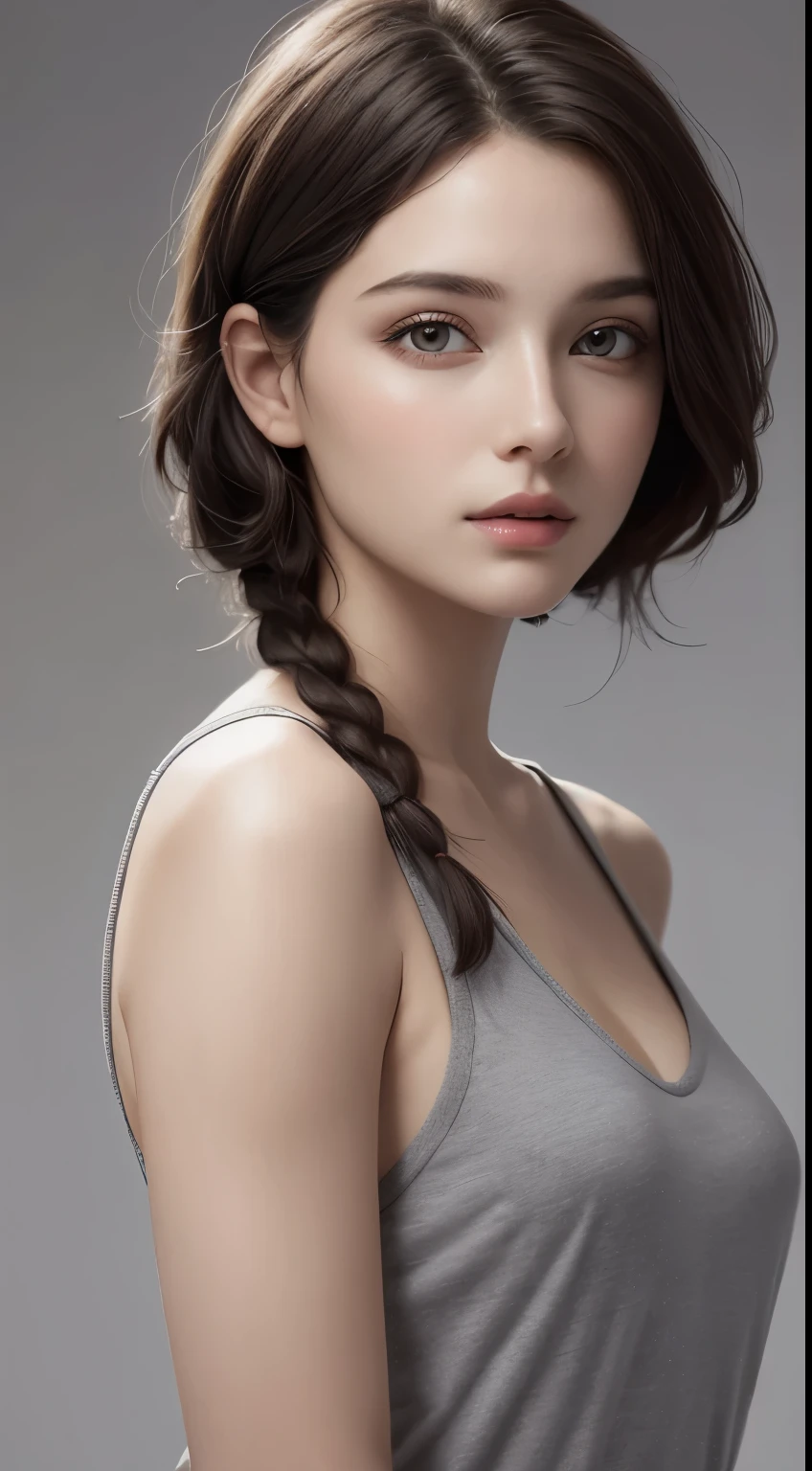 ((Best picture quality, 8K, tmasterpiece:1.3)), 1girll, Beautiful woman with slender abs:1.3, (Casual hairstyle, :1.2), Shoulders exposed，Super large，The skin is very white，Ultra-fine face, A detailed eye, 二重まぶた，ssmile。Bare body，Take pictures in cute poses，The figure is very bad，tiny small waist，Super big breasts，Close-up，Close-up chest，White-skinned，The background is casual，Close-up Shot Shot