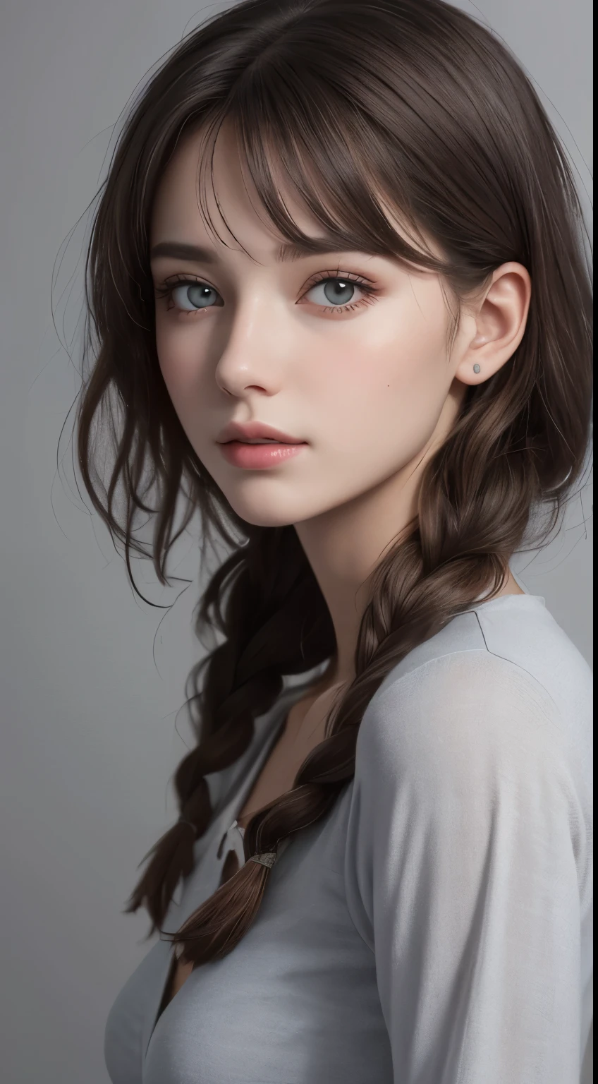 (photograph:1.2)、(photorealistic:1.3)、(masterpiece:1.3)、(Highest image quality:1.4)、ultra high resolution、(detailed eyes)、(detailed facial features)、(Detailed garment features)、8K resolution、solo focus、26 year old mature woman、small face、no makeup、Detailed leal beautiful eyes、bangs、gold hair、long cut hair, braided hair、(realistic skin)、beautiful skin、charming、ultra high resolution、Super realistic、High definition、Camisa branca aberta,middlebre、small breasts、bust B cup、small breasts、cool beauty、Gray background、cinematic lighting、perfect、soft light、High resolution skin:1.2、realistic skin texture、26 years old mature woman、small face、no makeup、Bust B Cup、Detailed beautiful brown eyes、short hair、dark brown hair、Cool beauty、gray background
