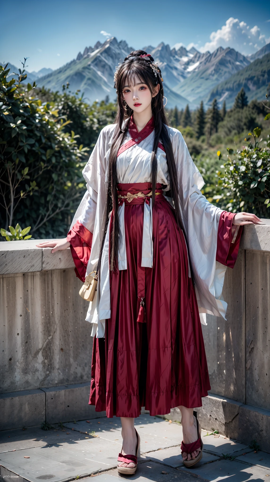 8k, best quality, (photorealistic:1.4), raw photo, 1girl, hip up, blue hair, white hanfu, mountain background, outdoor 