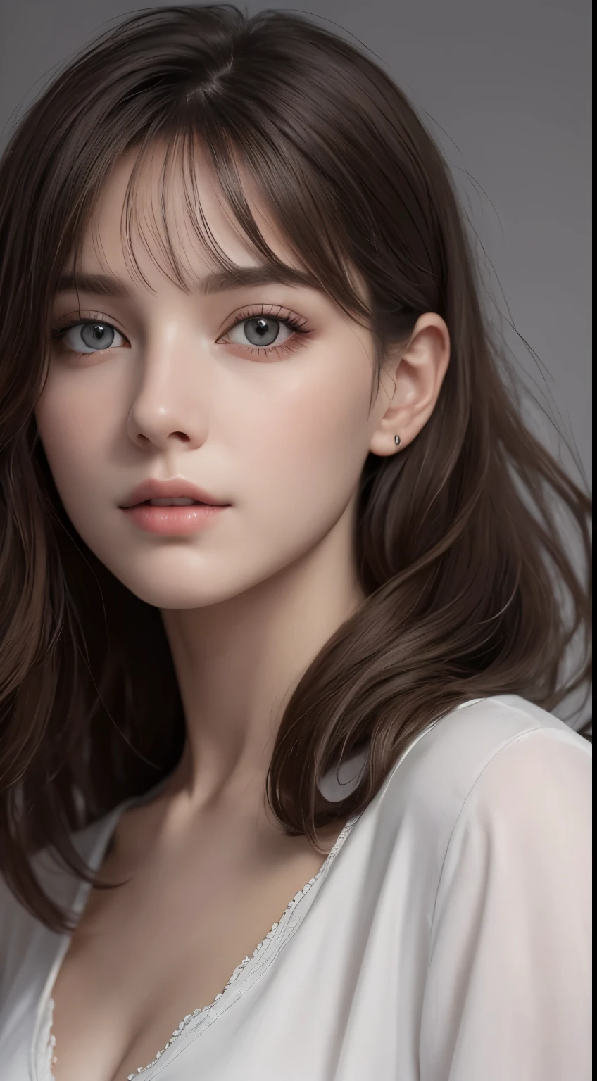 (photograph:1.2)、(photorealistic:1.3)、(masterpiece:1.3)、(Highest image quality:1.4)、ultra high resolution、(detailed eyes)、(detailed facial features)、(Detailed garment features)、8K resolution、solo focus、26 year old mature woman、small face、no makeup、Detailed leal beautiful eyes、bangs、gold hair、long cut hair, braided  hair、(realistic skin)、beautiful skin、charming、ultra high resolution、Super realistic、High definition、Camisa branca aberta,middlebre、small breasts、bust B cup、small breasts、cool beauty、Gray background、cinematic lighting、perfect、soft light、High resolution skin:1.2、realistic skin texture、26 years old mature woman、small face、no makeup、Bust B Cup、Detailed beautiful brown eyes、short hair、dark brown hair、Cool beauty、gray background