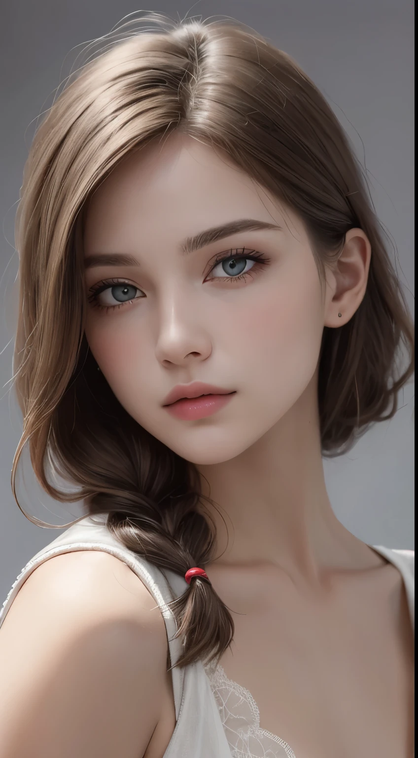 (photograph:1.2)、(photorealistic:1.3)、(masterpiece:1.3)、(Highest image quality:1.4)、ultra high resolution、(detailed eyes)、(detailed facial features)、(Detailed garment features)、8K resolution、solo focus、26 year old mature woman、small face、no makeup、Detailed leal beautiful eyes、bangs、blonde hair、long cut hair, braided  hair、(realistic skin)、beautiful skin、charming、ultra high resolution、Super realistic、High definition、Camisa branca aberta,middlebre、small breasts、bust B cup、small breasts、cool beauty、Gray background、cinematic lighting、perfect、soft light、High resolution skin:1.2、realistic skin texture、26 years old mature woman、small face、no makeup、Bust B Cup、Detailed beautiful brown eyes、short hair、dark brown hair、Cool beauty、gray background