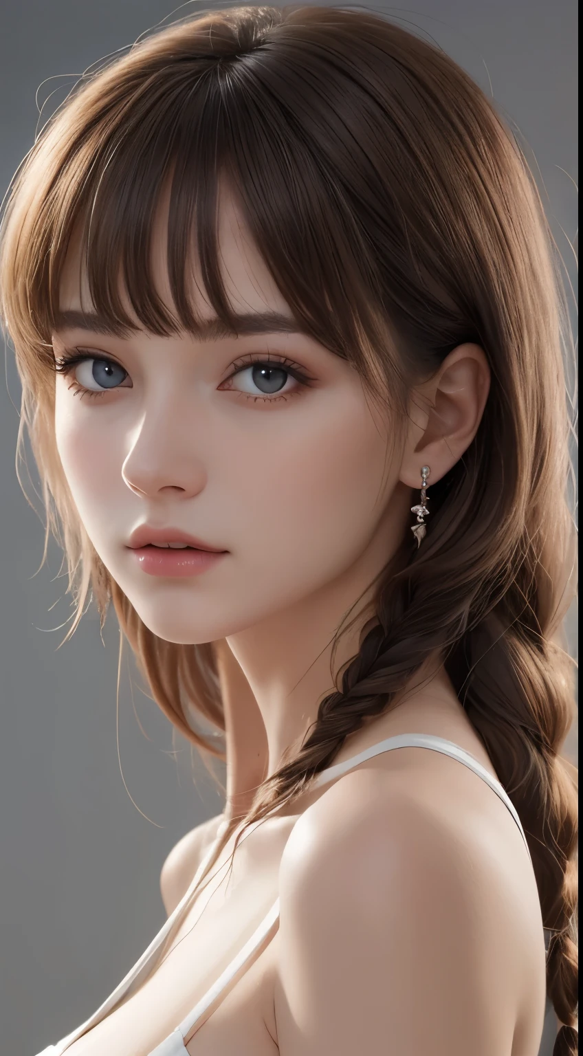 (photograph:1.2)、(photorealistic:1.3)、(masterpiece:1.3)、(Highest image quality:1.4)、ultra high resolution、(detailed eyes)、(detailed facial features)、(Detailed garment features)、8K resolution、solo focus、26 year old mature woman、small face、no makeup、Detailed leal beautiful eyes、bangs、blonde hair、long cut hair, braided hair、(realistic skin)、beautiful skin、charming、ultra high resolution、Super realistic、High definition、Camisa branca aberta,middlebre、small breasts、bust B cup、small breasts、cool beauty、Gray background、cinematic lighting、perfect、soft light、High resolution skin:1.2、realistic skin texture、26 years old mature woman、small face、no makeup、Bust B Cup、Detailed beautiful brown eyes、short hair、dark brown hair、Cool beauty、gray background