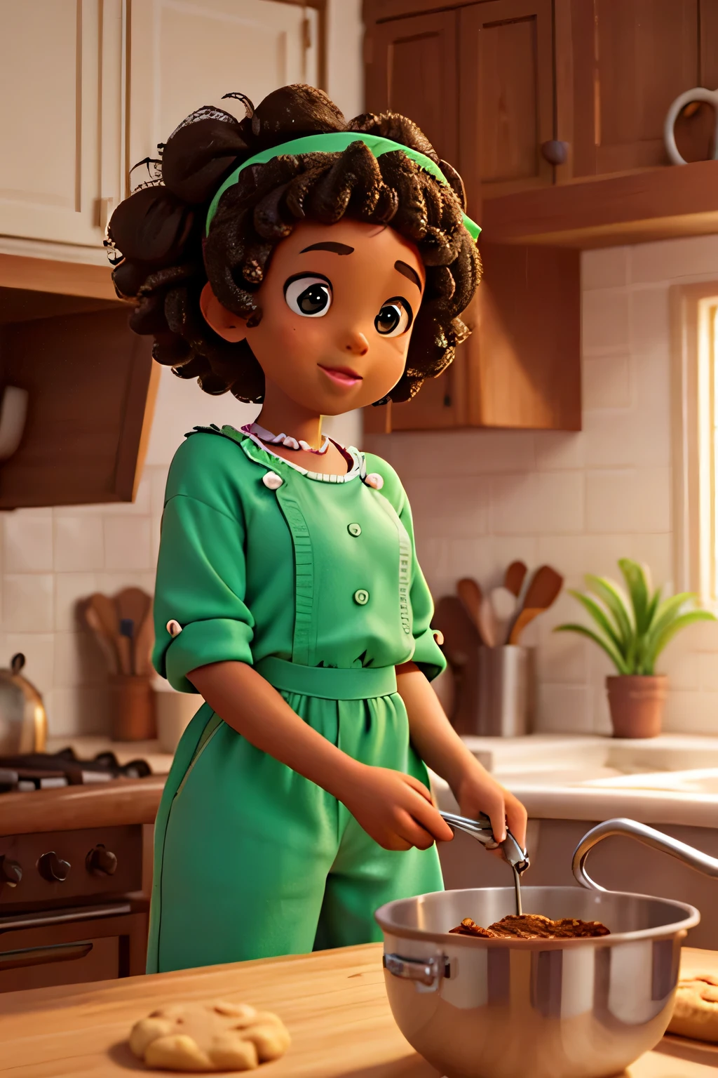Afro american girl 10 years old in the kitchen with her grandmother baking cookies, she has curly afro ponytails, green jumpsuit, excited to try the cookies, cozy setting, disney pixar style, for children's storybook