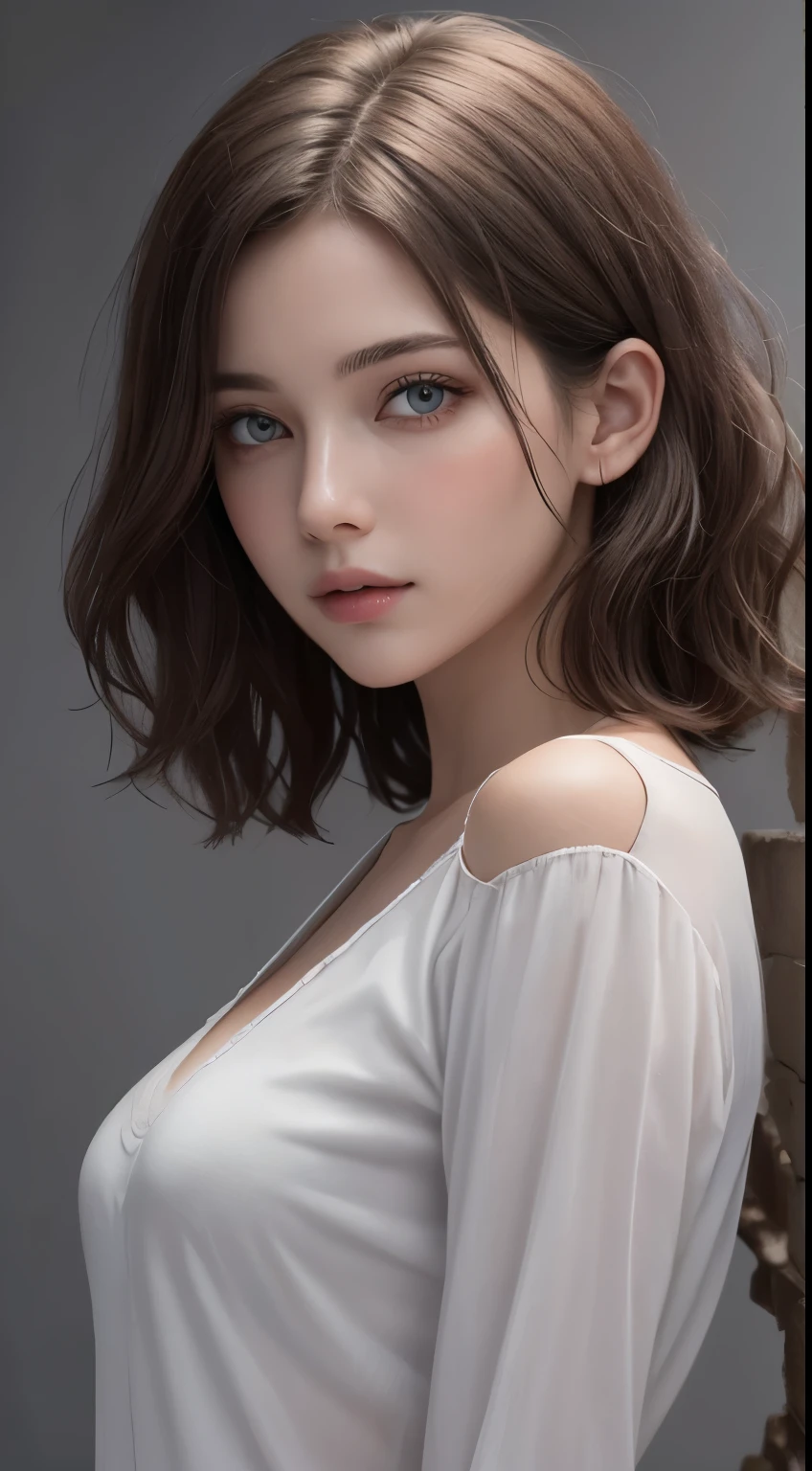8K uhd、RAWphotograph、モデルphotograph撮影、 European race、(masterpiece、highest quality、Photorealistic、High resolution、photograph:1.3)、Close-up、Focusing、Hot Model、slim、30 year old mature woman、Small face、No makeup、Short Hair、Dark Brown Hair、Fine beautiful eyes、Real Skin、(perfect body)、Sexy hot face、Erotic、Sexual gaze、Detailed beautiful eyes、Glossy lips、Small breasts、Small breasts、Bust B cup、Realistic details、Cool beauty、Cool pose、Background gray、Plain grey background、