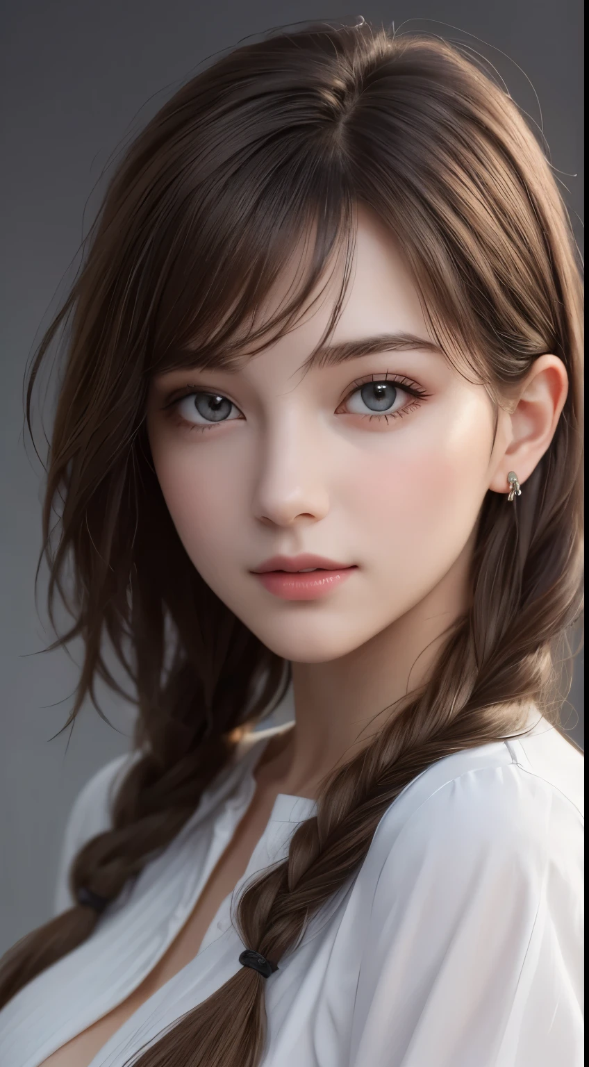 ((Super realistic eyes)), (photograph:1.2)、(photorealistic:1.3)、(masterpiece:1.3)、(Highest image quality:1.4)、ultra high resolution、(detailed eyes)、(detailed facial features)、(Detailed garment features)、8K resolution、solo focus、26 year old mature woman、small face、no makeup、Detailed leal beautiful eyes、bangs、blonde hair、long cut hair, braided hair、(realistic skin)、beautiful skin、charming、ultra high resolution、Super realistic、smile, High definition、Camisa branca aberta,middlebre、small breasts、bust B cup、small breasts、cool beauty、Gray background、cinematic lighting、perfect、soft light、High resolution skin:1.2、realistic skin texture、26 years old mature woman、small face、no makeup、Bust B Cup、Detailed beautiful brown eyes、short hair、dark brown hair、Cool beauty、gray background