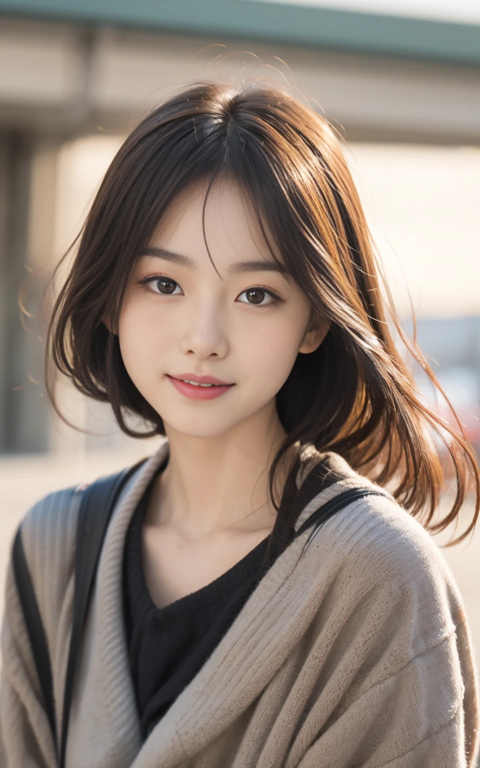 （8k、Raw photo、highest quality、masterpiece：1.2), ぬれたhair,looking at the viewer,Looking at the front,smile with visible teeth, fine,,student,white skin,knees,absurd,small face,前hairを真ん中から分けます、I can see the forehead,(please be shy,tight eyes,glare,strong,skinny,skinny,get annoyed)、masterpiece,highest quality、超A high resolution,one person, solo,close up shot、cute、Return to student,school uniform,high school girl,japanese woman,standing,（Photoreal：1.37）、photon mapping,realistic、cutesmall face,brown eyes、prospect、Depth of the bounds written、blurred background、picture,girls、(前hairが見える), hair,  thin clothing,(Nogizaka Idol), actress、big and full breasts、Super fine、low person、(Skin with visible pores:1.2)