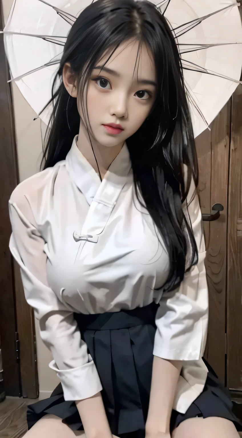 Master quality, highest quality, best picture quality hd 8k, exaggerated details, a godeess 8 dress moxin with a shy expression, slightly squinted eyes, adjusting her hair, long eyelashes (long hair / very, very exaggerated big breasts _ tits / in hanfu chinese thin silk qipao very wet body, thin cloth embossed pattern, short skirt), posing sit in front of the camera, wet throught rain, very wet body, thin cloth embossed pattern), posing sit in front of the camera, wet throught rain, wet breast under wear