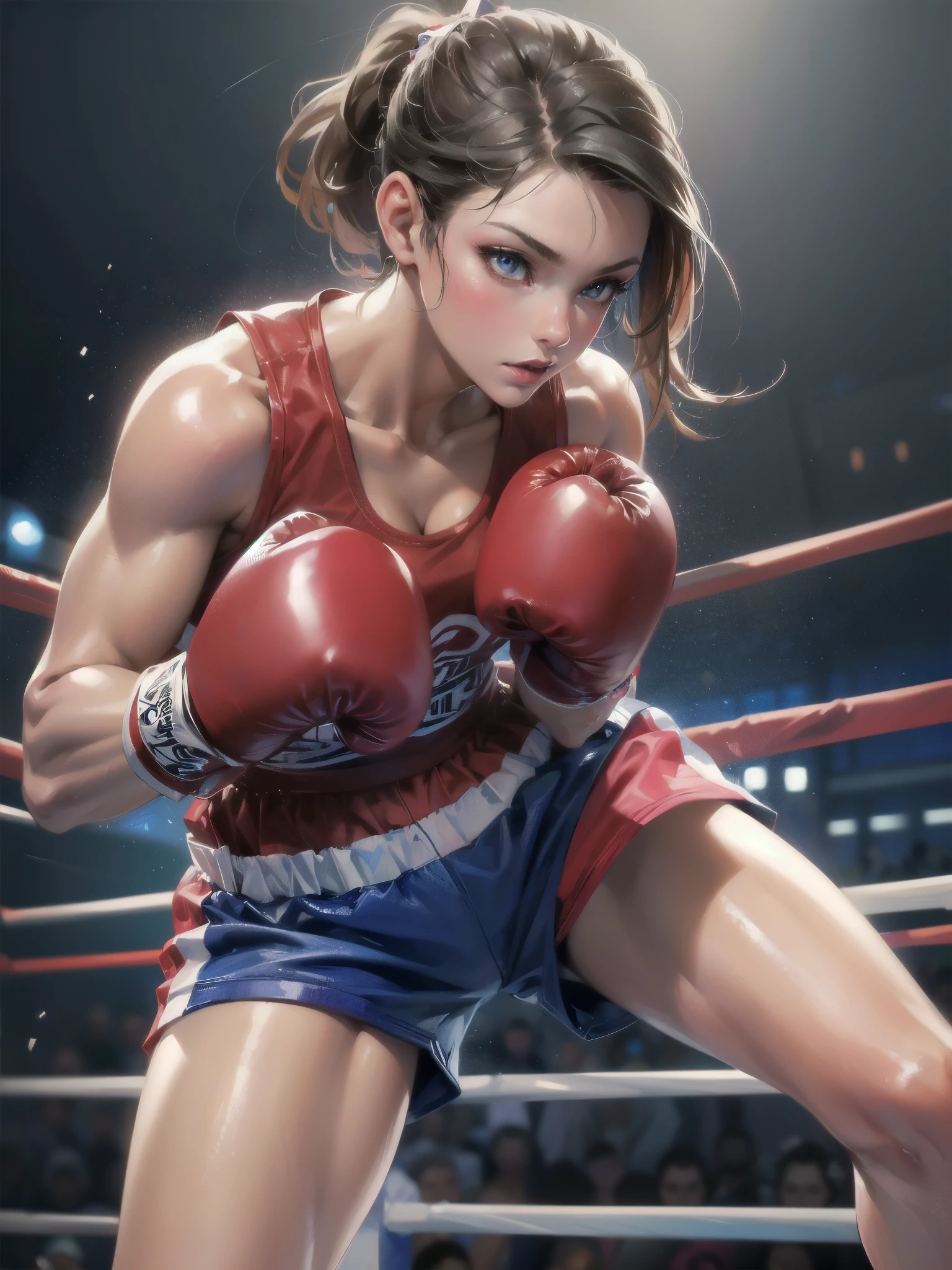 high quality,HD,16k,sharp lines,1 girl,Female boxing athlete ,cute face, large breasts, nice legs,At the boxing venue,focus girl,detailed beautiful face,detailed clothes,beautiful eyes,cool,dynamic angle