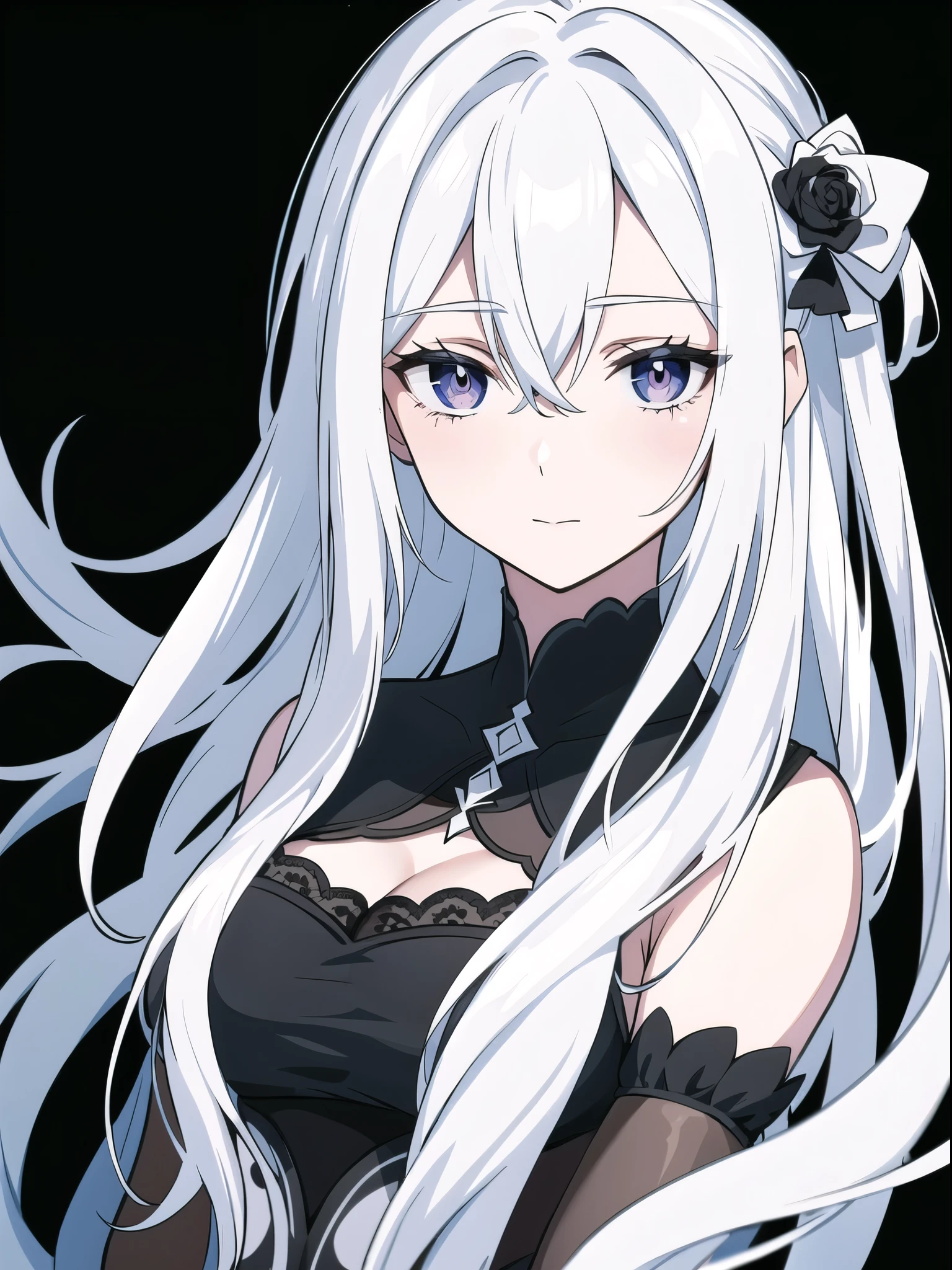 ((White hair)),((Head and Shoulders Image)),Sexy,A person,Alone,Simple style,pancake ,Simple details,Black background,Empty background,Black background wall,(20 year old woman),(Droopy hair),(White Gloves),(Evening Gown),(Lace Shirt),Lace,(confidence),(Tranquility)