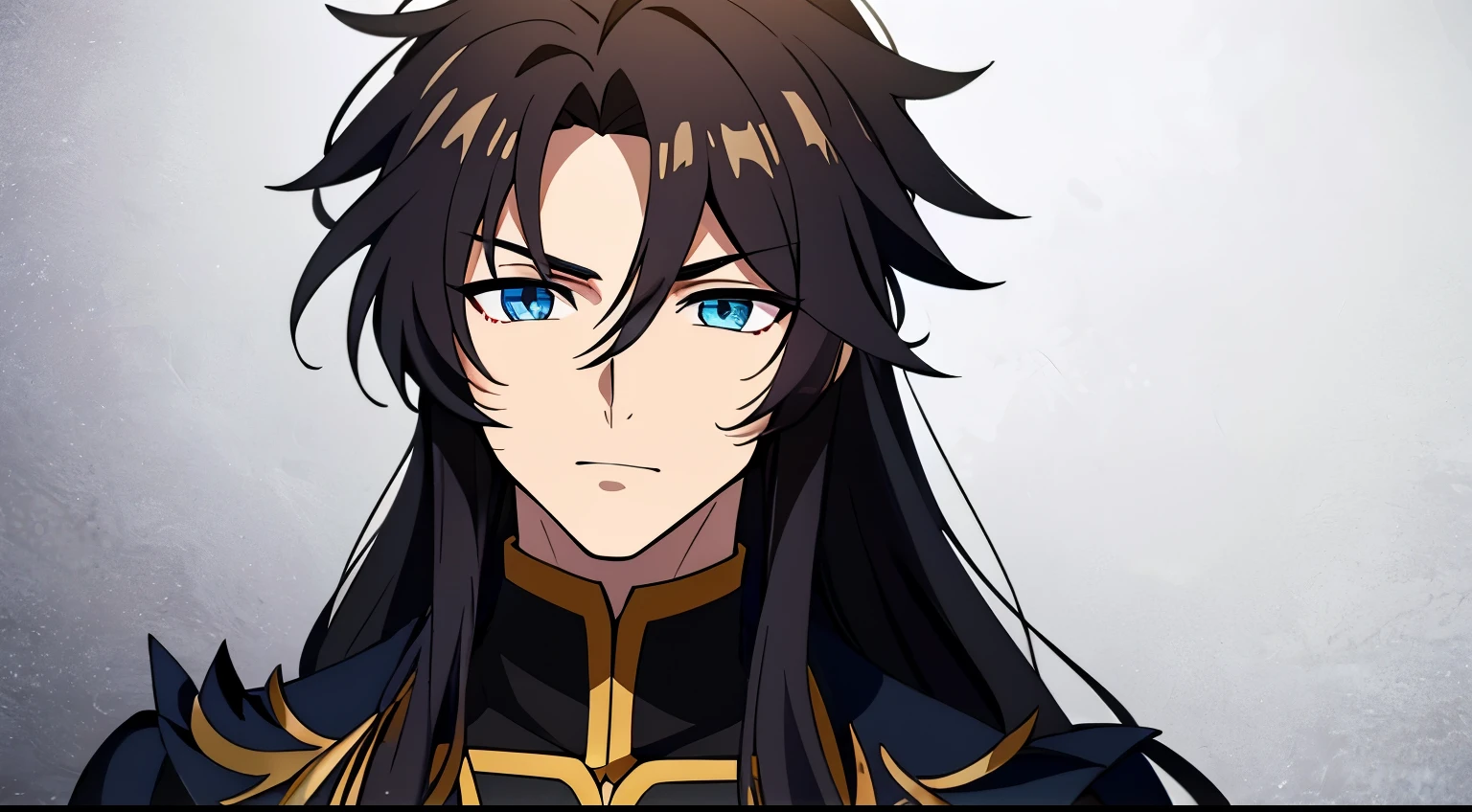 (high-quality, breathtaking),(expressive eyes, perfect face) 1male, male , solo, young adult, 18 years age, young face, long hair length, wavy hair, messy hair, dark brown hair color, grey eye color, slightly narrow eyes, masculine face, detailed eyes, black and gold shirt, spiky hair, Hypnos Saint Seiya Lost Canvas inspired, black background
