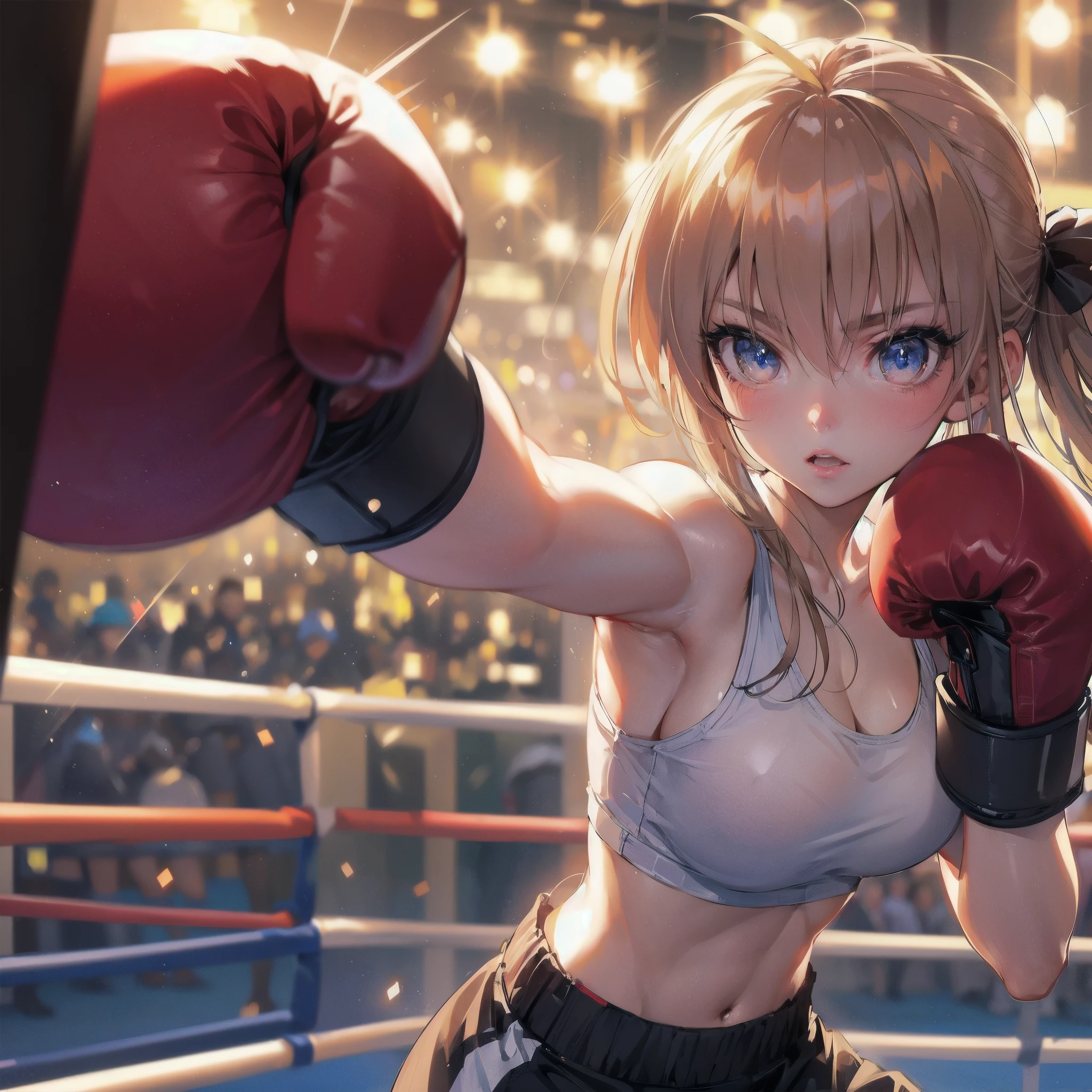 high quality,HD,16k,sharp lines,1 girl,Female boxing athlete ,cute face, large breasts, nice legs,At the boxing venue,focus girl,detailed beautiful face,detailed clothes,beautiful eyes,cool,dynamic angle