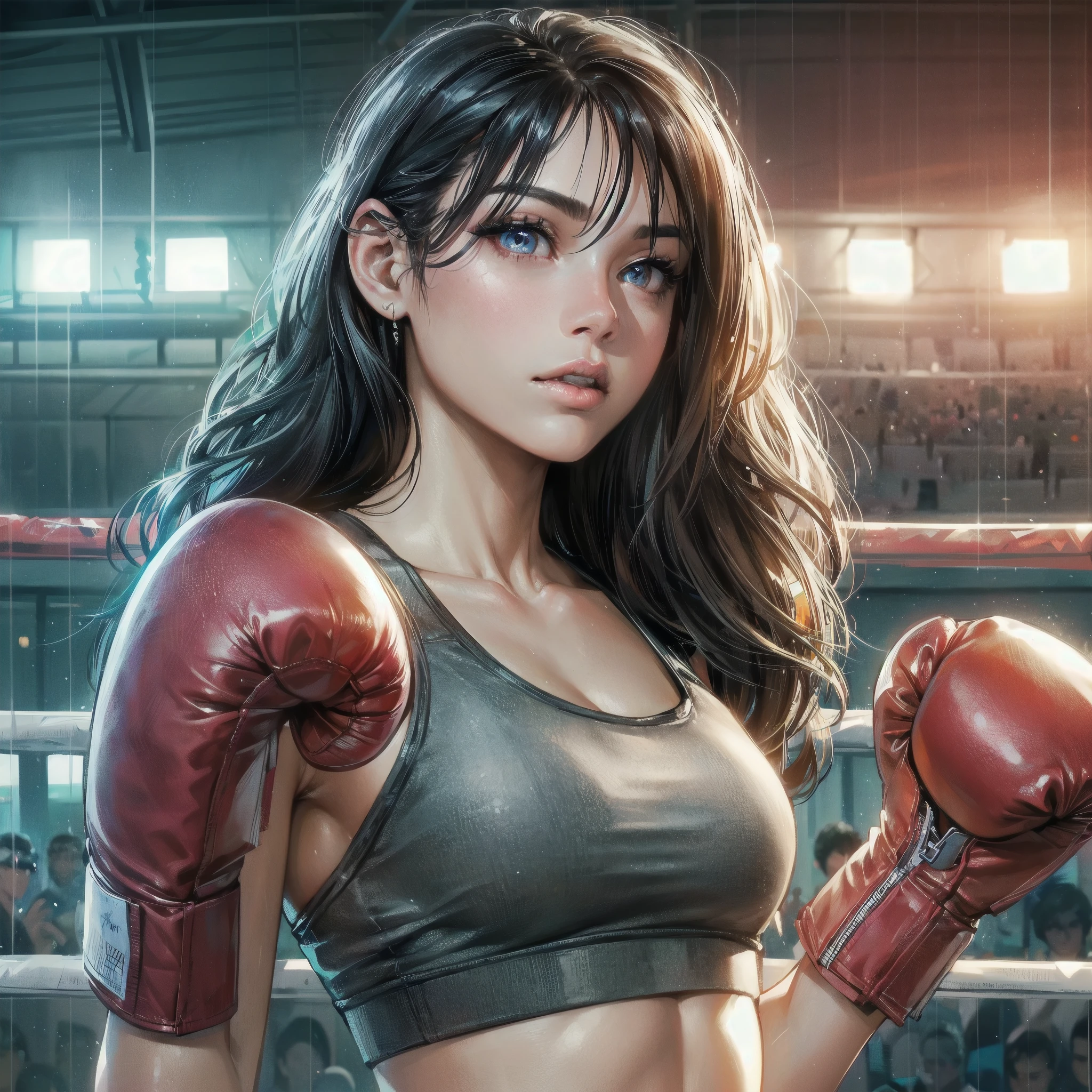 high quality,HD,16k,sharp lines,1 girl,Female boxing athlete ,cute face, large breasts, nice legs,At the boxing venue,focus girl,detailed beautiful face,detailed clothes,beautiful eyes,cool,dynamic angle