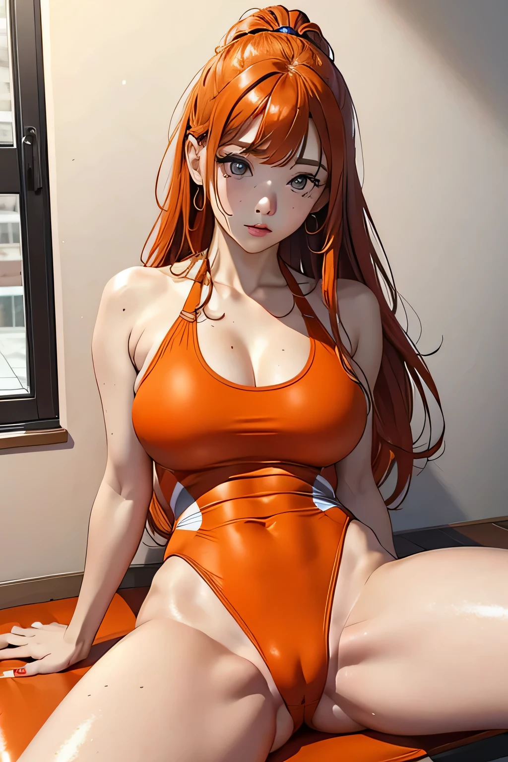 sit down and spread your legs、Emphasis on the crotch、actual、Super high chroma、8k、Long red hair(((30 year old woman)))、((((She&#39;s wearing a shiny orange competition swimsuit。))))、competitive swimmer、big breasts、Thick thighs、Pay attention to muscle development。競泳プールolympic Comcompetitive swimmerics stadium 美しい顔, Highly detailed face and skin textures，(Eyes have small wrinkles, double eyelids, thin eyebrows, glitter eyeliner: 1.2, natural cheeks, skin shiny, White skin,, (glossy lips: 1. 4),Sweating 1.0、(((vitality)))