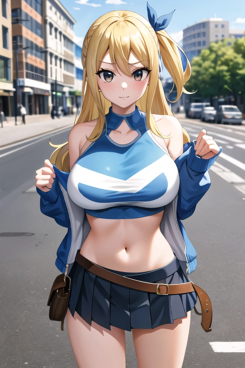 masterpiece, highest quality, High resolution, lucy heartfilia, blonde hair, long hair, big breasts, Jacket, crop top, bare shoulders, show your stomach, belt, pleated skirt, cowboy shot, Are standing, looking at the viewer, city road, outdoors, modern city road,