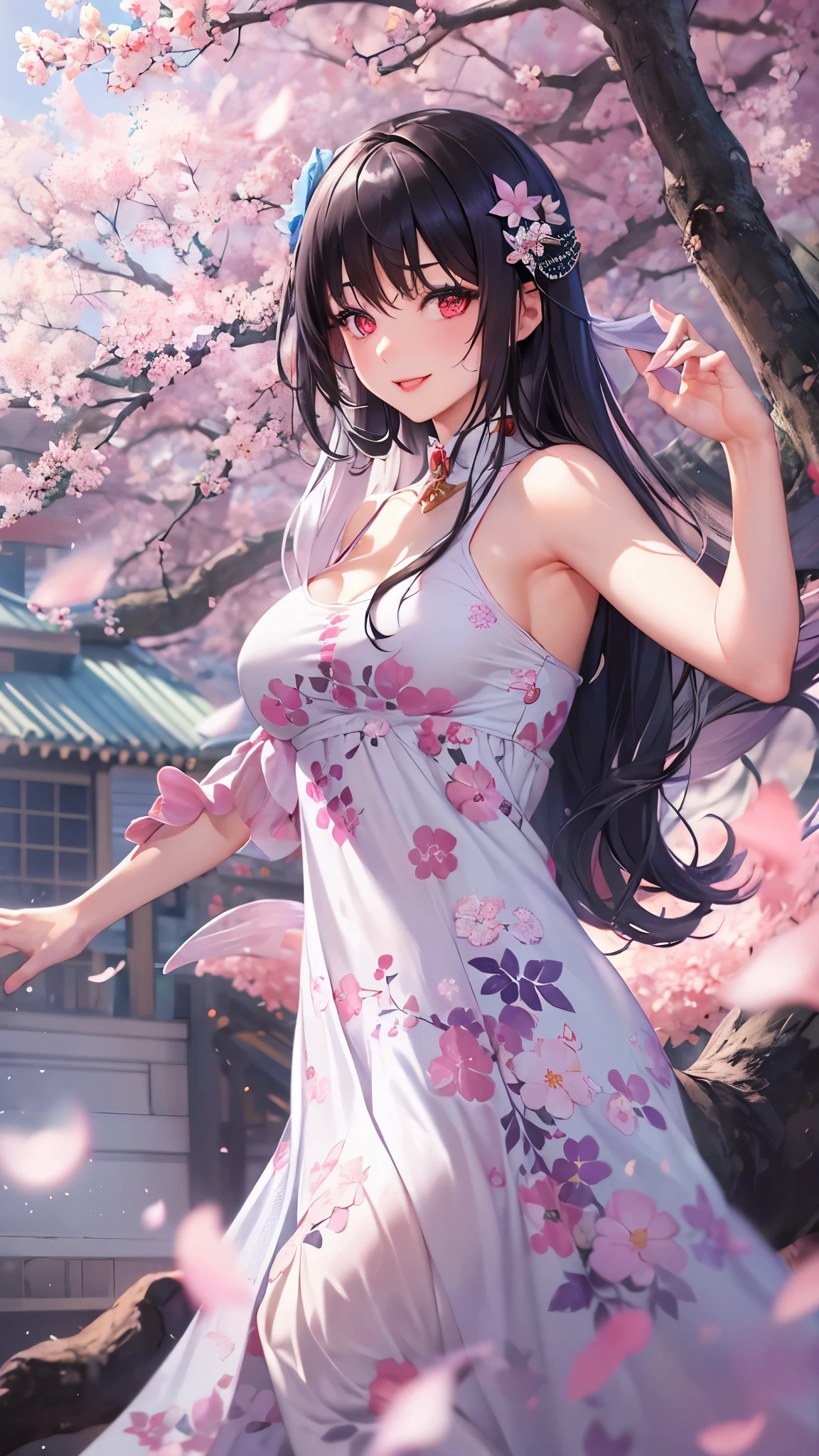 (open arms, hand hold purple flame), (solo straight black hair long hair cute femdom girl, , cute red eyes, rouge lips, sexy smile, bigboobs), in a cherry blossom dress, break, perfect anatomy, masterpiece:1.4, best quality, 8k, beautiful detailed grow, daydreaming expression, chery blossom garden background.