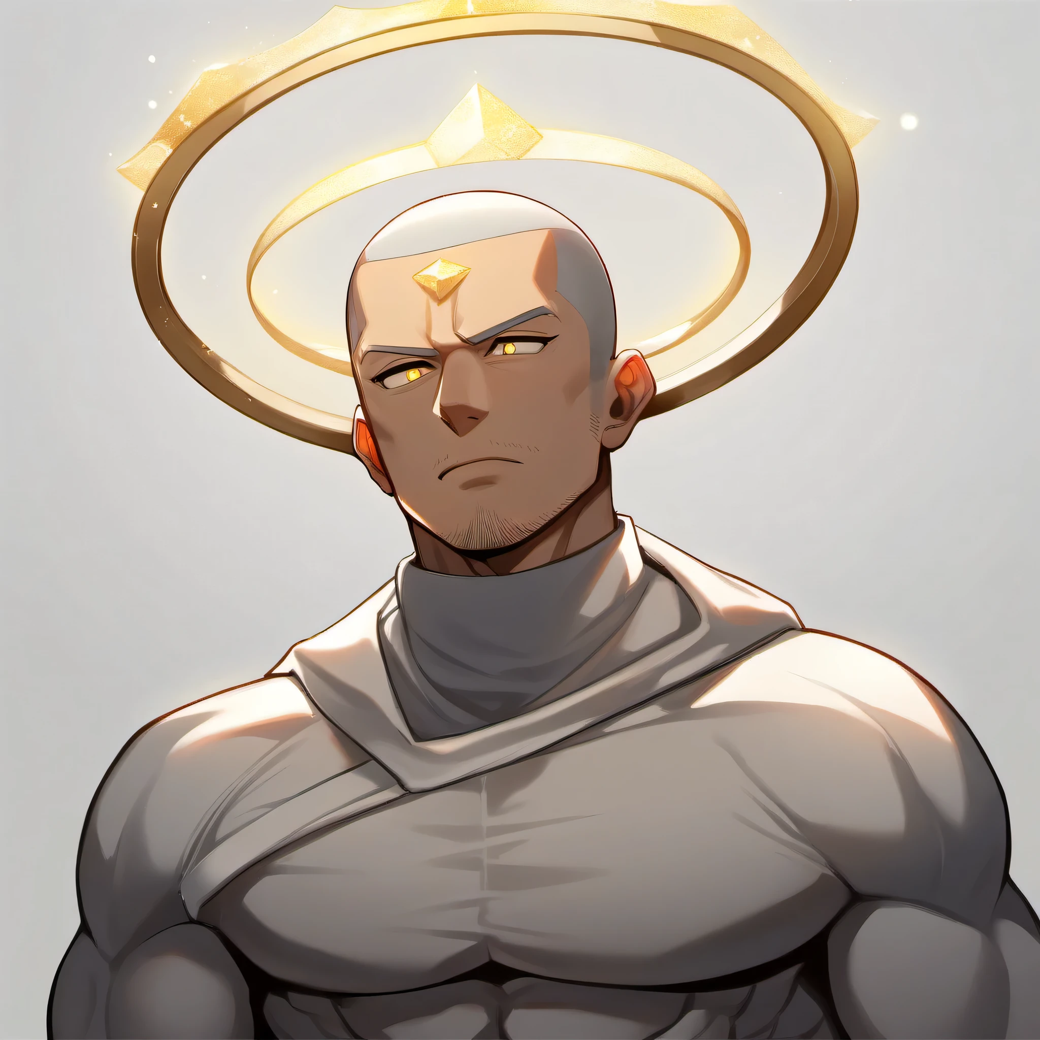 1 muscular monk, male focus, White compression pantyhose, white hair,muscular male, muscular, only, Upper body, alone, white short hair, stubble, yellow eyes, White background, simple background, amazing quality, best aesthetics, Ridiculous, bright pupils, buzz clip, There is a dazzling halo behind the head, halo, sigh, best quality