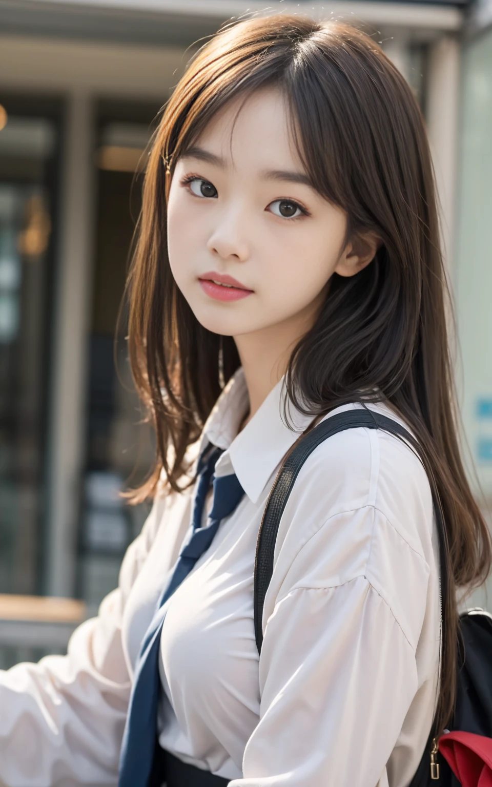 (8k、Raw photo、highest quality、masterpiece:1.2), ぬれたhair,looking at the viewer,Looking at the front,strong,erotic,student,white skin,knees,absurd,small face,前hairを真ん中から分けます、I can see the forehead,(please be shy,tight eyes,glare,strong,skinny,skinny,get annoyed)、masterpiece,highest quality、超A high resolution,one person, solo,close up shot、focus on face、cute、Return to student,school uniform,high school girl,japanese woman,standing,(Photoreal:1.37)、photon mapping,realistic、cutesmall face,brown eyes、prospect、Depth of the bounds written、blurred background、picture,girls、(前hairが見える), hair, thin clothing,(Nogizaka Idol), actress、big and full breasts、Super fine、low person、(Skin with visible pores:1.2)