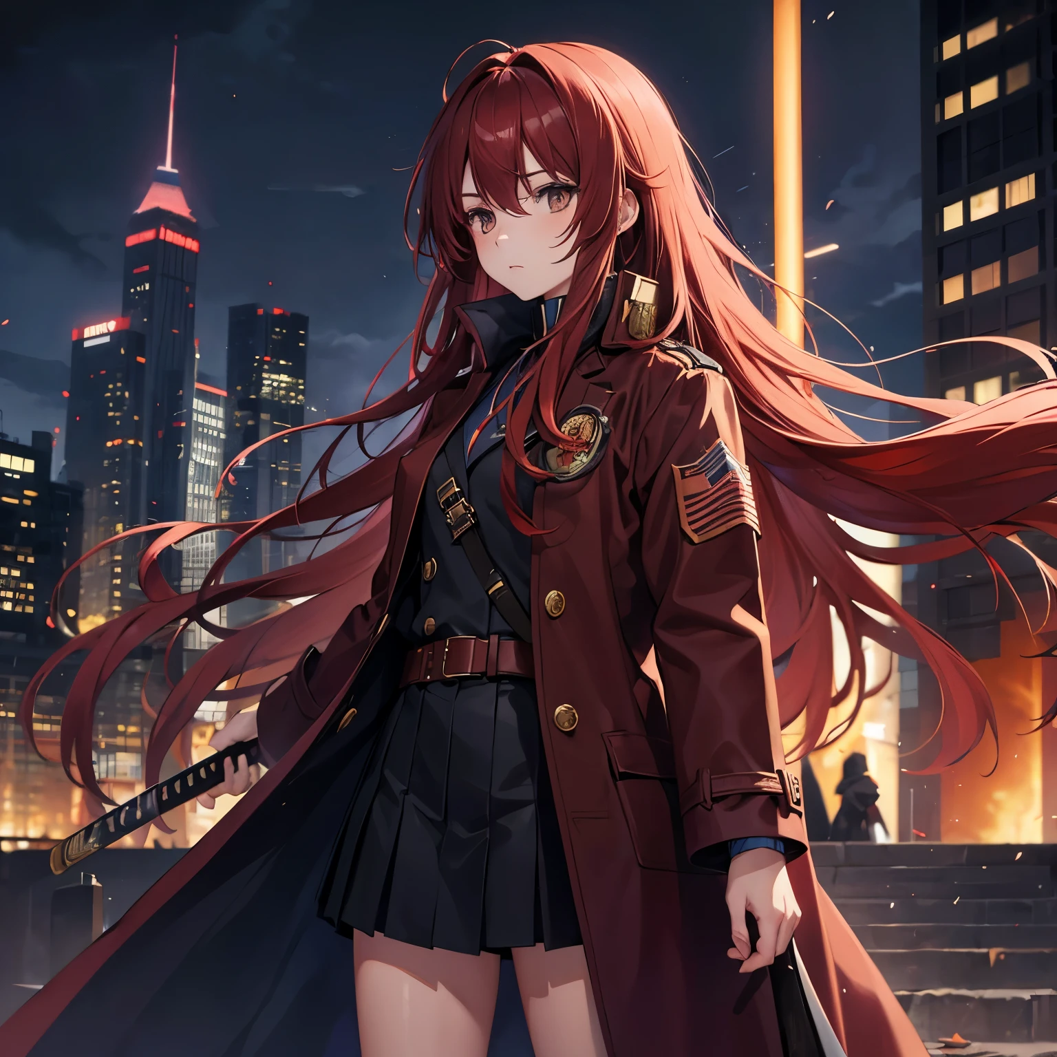 Woman, red long hair, messy hair, Brown eyes, light in eyes, woman's overcoat, blue katana, uniform clothes, dark city broken background