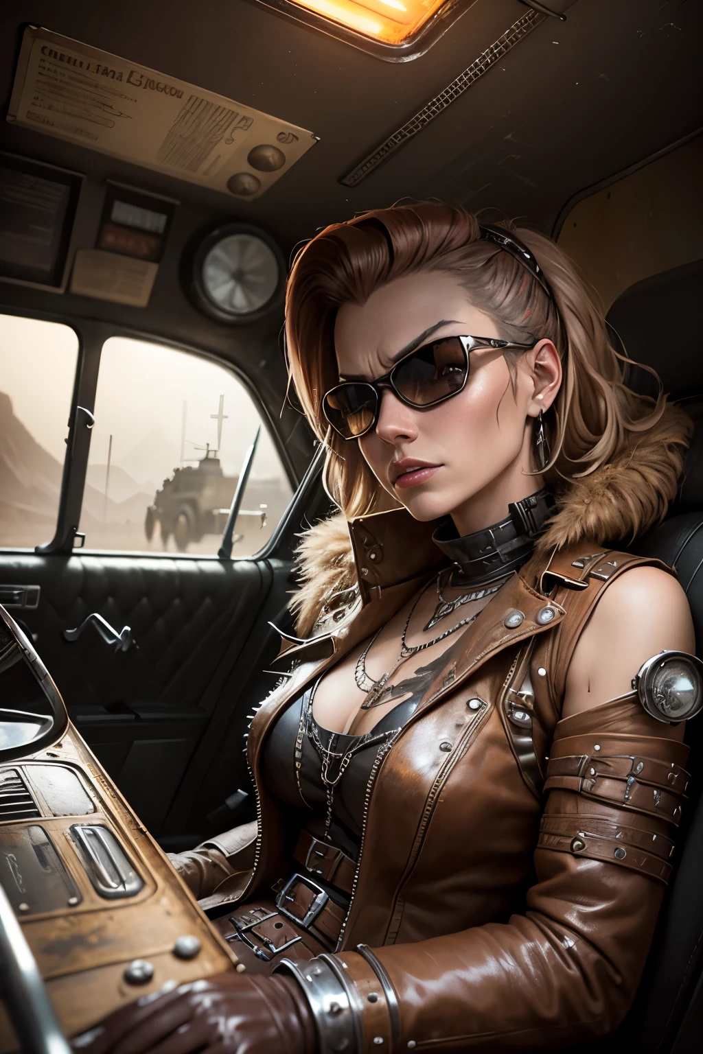 faithful image of a rusty old 1955 cadilac eldorado with spikes and spikes on the hood, carro steampunk, dramatic art, estilo de arte dieselpunk, apocalyptic road warrior vibe, a girl wearing sunglasses is inside the car, arte digital surrealista, Mad Max inspirado, heavy metallic artwork, simetria da face cromada, arte steampunk digital, no estilo Mad Max, metallic art, not art style by Filip Hodas, arte digital steampunk, dieselpunk, em um mundo hightech
