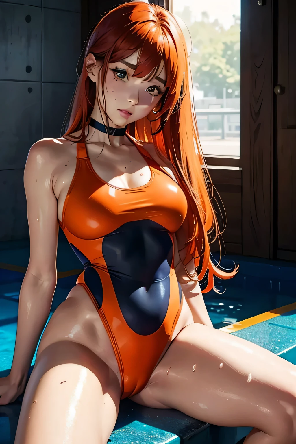 sit down and spread your legs、Emphasis on the crotch、actual、Super high chroma、8k、Long red hair(((30 year old woman)))、((((She's wearing a shiny orange competition swimsuit。))))、competitive swimmer、、Thick thighs、Pay attention to muscle development。競泳プールolympic Comcompetitive swimmerics stadium 美しい顔, Highly detailed face and skin textures,(Eyes have small wrinkles, double eyelids, thin eyebrows, glitter eyeliner: 1.2, natural cheeks, skin shiny, White skin,, (glossy lips: 1. 4),Sweating 1.0、(((vitality)))