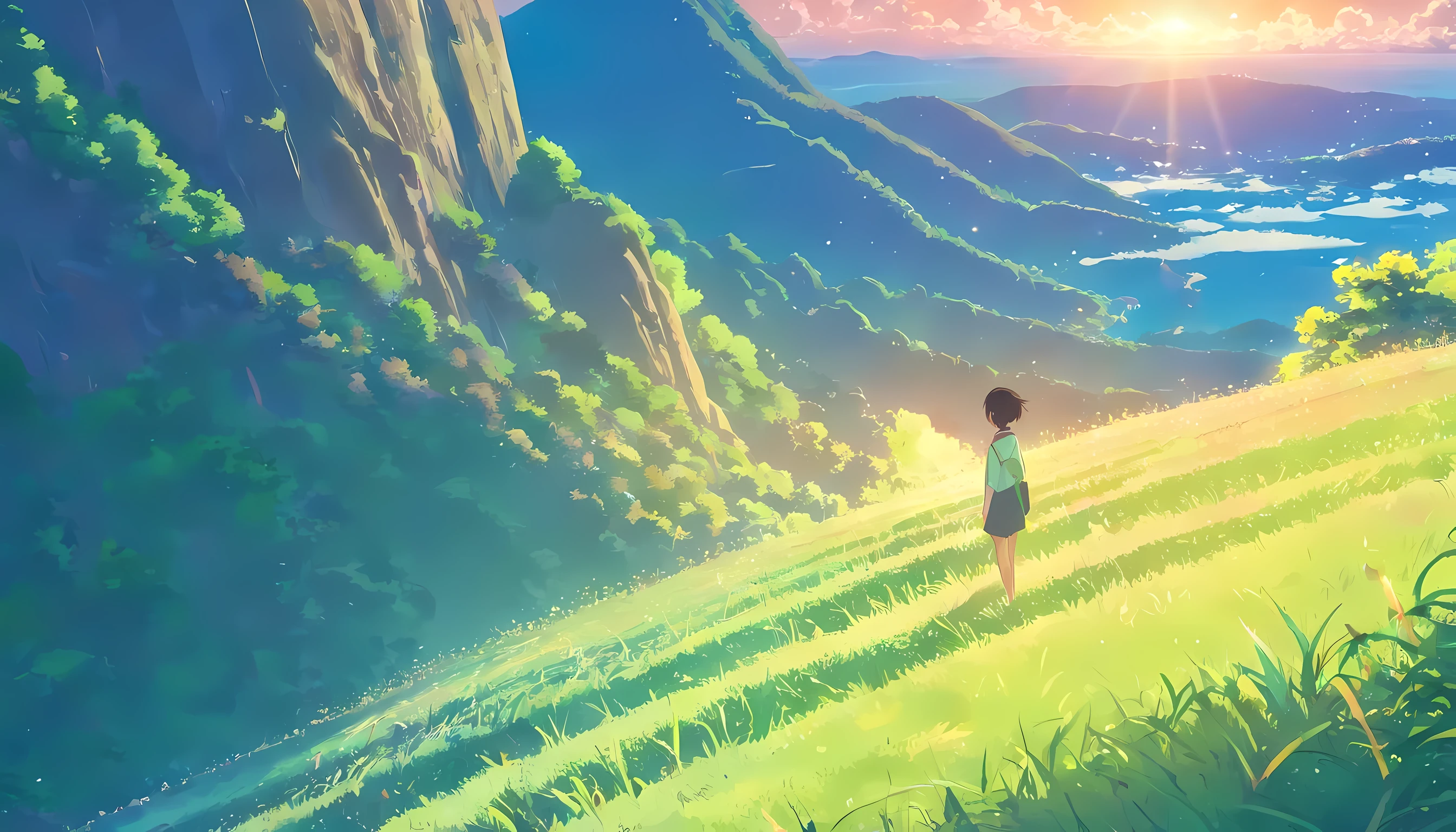 vast land,weird literature,brilliant colors,The starry sky is decorated,a few clouds,overlooking,steep cliff,Forest grass,exuberant,strong opinion,Strong depth,A strong sense of depth and closeness,Strange graphics,Strong impact,色彩感和明暗Strong impact,Strong photosensitivity,Photographic perspective