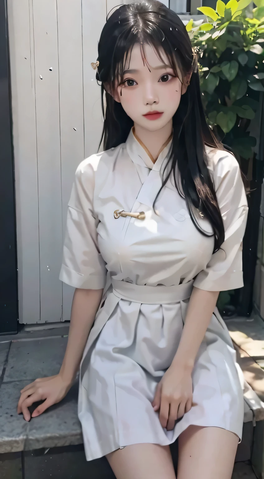 Master quality, highest quality, best picture quality hd 8k, exaggerated details, a godeess 8 year old dress moxin with a shy expression, slightly squinted eyes, adjusting her hair, long eyelashes (long hair / very, very exaggerated big breasts _ tits / in hanfu chinese thin silk qipao very wet body, thin cloth embossed pattern, short skirt), posing sit in front of the camera, wet throught rain, very wet body, thin cloth embossed pattern), posing sit in front of the camera, wet throught rain, wet breast under wear