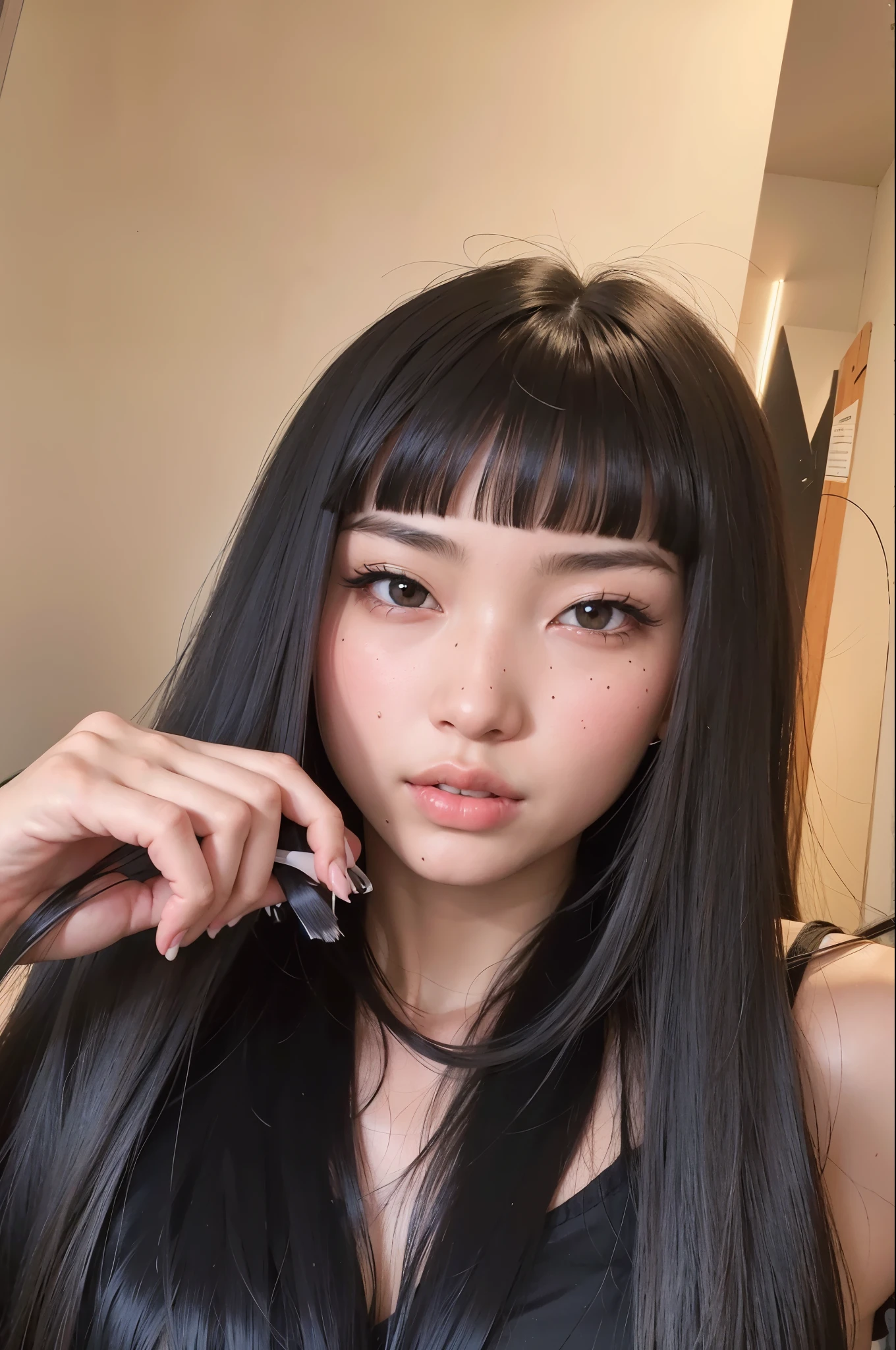 there is a woman with long black hair brushing her hair, she has black hair con flequillo, long black hair con flequillo, cabello con flequillo negro, con flequillo completo, con flequillo, flequillo recto, flequillo negro, long hair con flequillo completo, long flequillo recto, asian features, long hair con flequillo, con pelo negro liso, franja recta, neat hair con flequillo