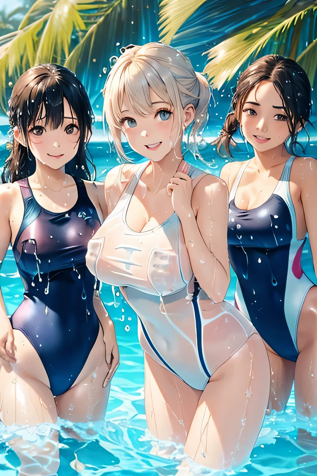 highest quality、High resolution、8k、(huge breasts:1.2)、Beautiful teenage girl、((three girls:1.5)、(three women)、braided ponytail、flashy hair color、
((Cute thin white school swimsuit))、My whole body gets wet、(Wet and see-through swimsuit:1.5)、(Nipples stand out in swimsuits:1.5)、water play spot、water play slide、water play event、
Laugh playfully、smile、smile、sexual expression、emphasize cleavage