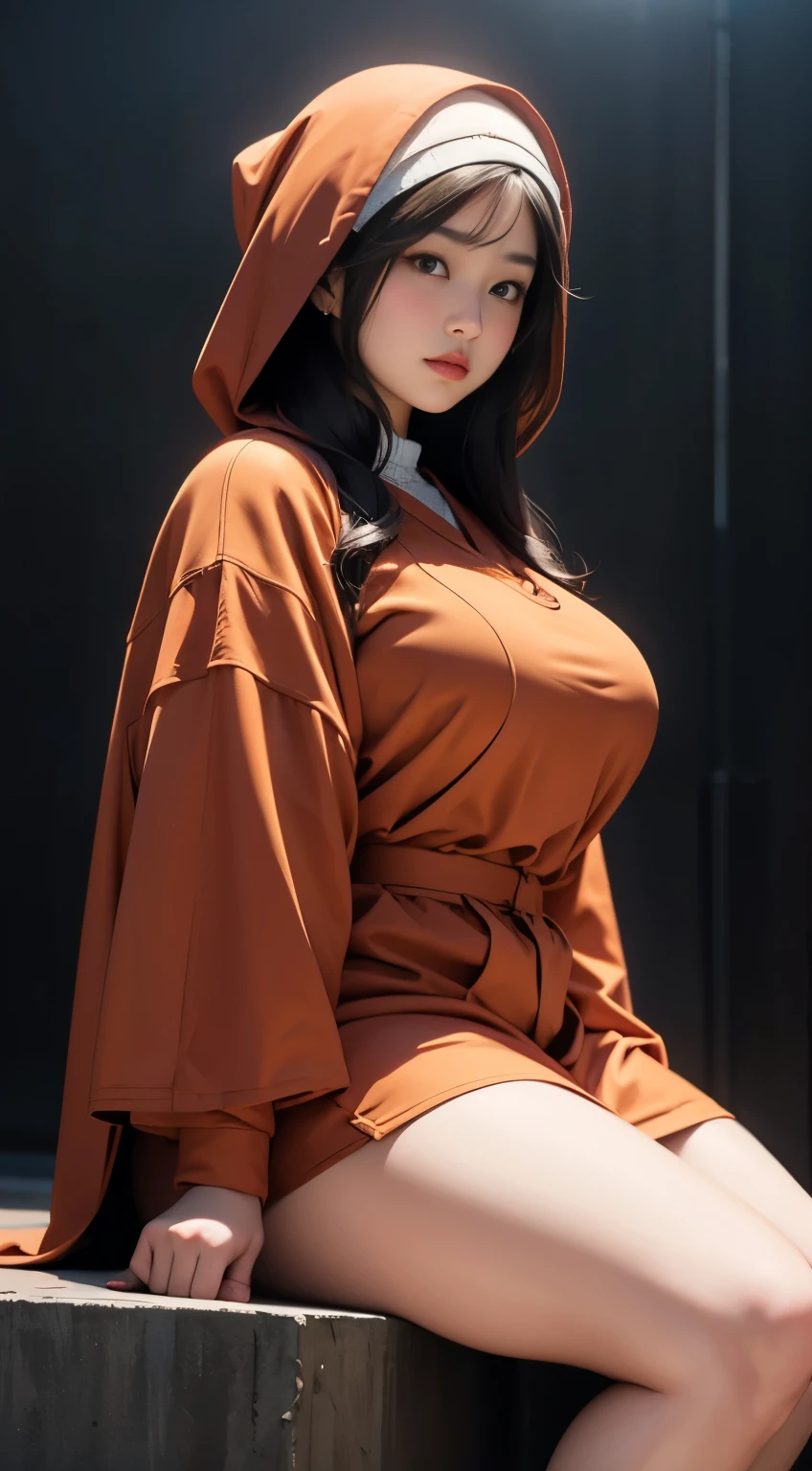 there is a woman sitting down with a longest brown hair, bbwchan, thicc, brown hijab outfit, brown hairstyle model, korean girl, korean woman, wearing brown robe, full length shot, alluring plus sized model, japanese goddess, clothed in hooded, voluptuous and arousing, portrait shot, curvy model, voluptuous body, wonderful, nene tanaka body , bbwchan, The overall atmosphere is smooth , haunting illustrations, extremely high-resolution details, photographic, realism pushed to extreme, fine texture, 4k, ultra-detailed, high quality, high contrast, red sneakers , cold atmosphere ,, cold atmosphere