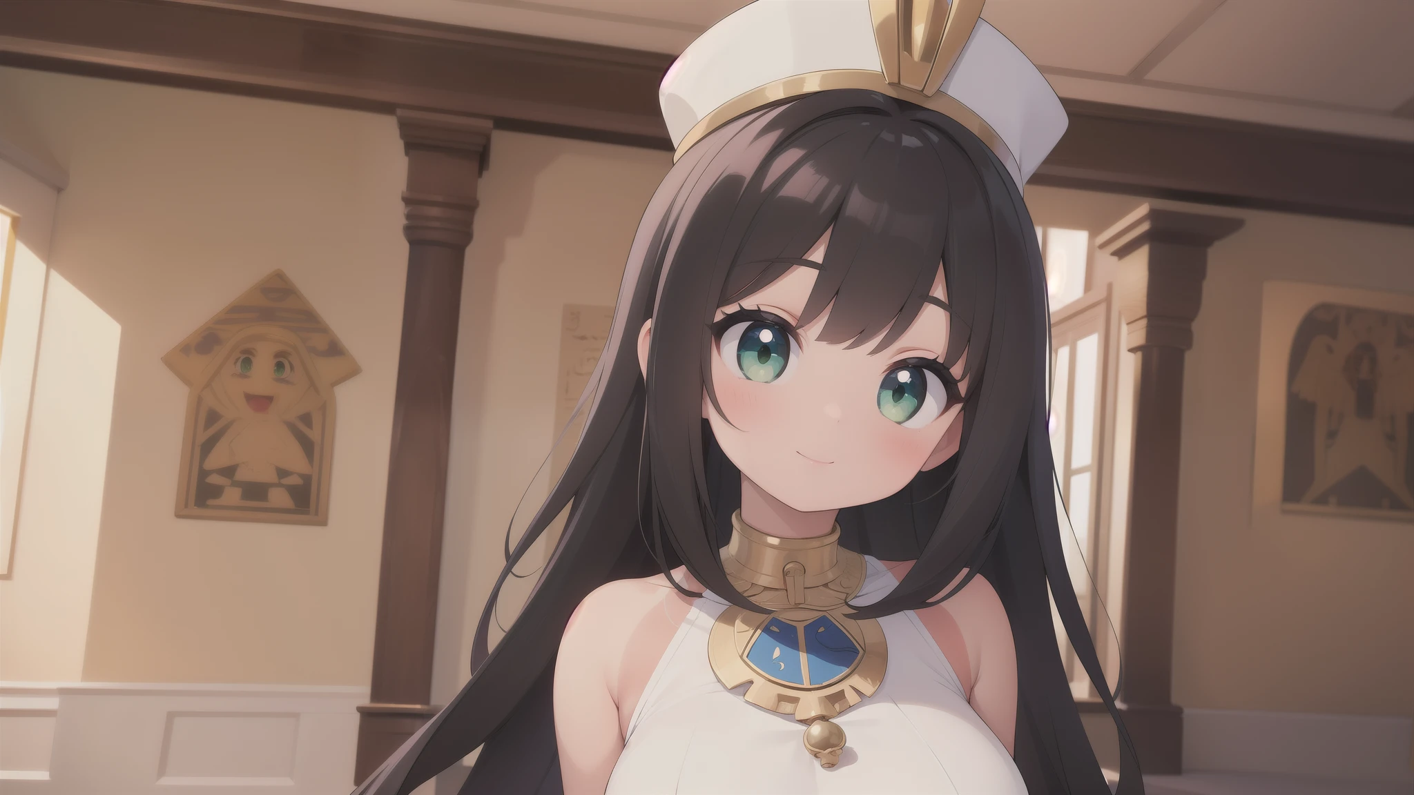 masterpiece, best quality, Super detailed, anime style, 1 girl, young, Lovely, (Tanned skin), egyptian girl, egyptian clothing, medium long hair, black hair, green eyes, medium large breasts, egyptian tomb, indoor, large room, illustration wall, warm color, pretty face, happy