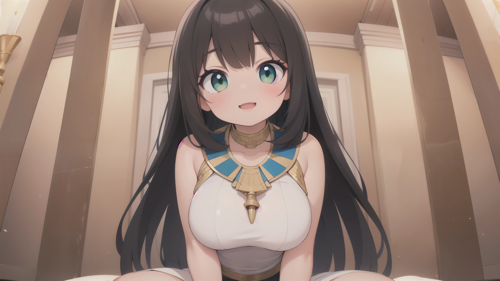 masterpiece, best quality, Super detailed, anime style, 1 girl, young, Lovely, (Tanned skin), egyptian girl, egyptian clothing, medium long hair, black hair, green eyes, medium large breasts, egyptian tomb, indoor, large room, illustration wall, warm color, pretty face, happy
